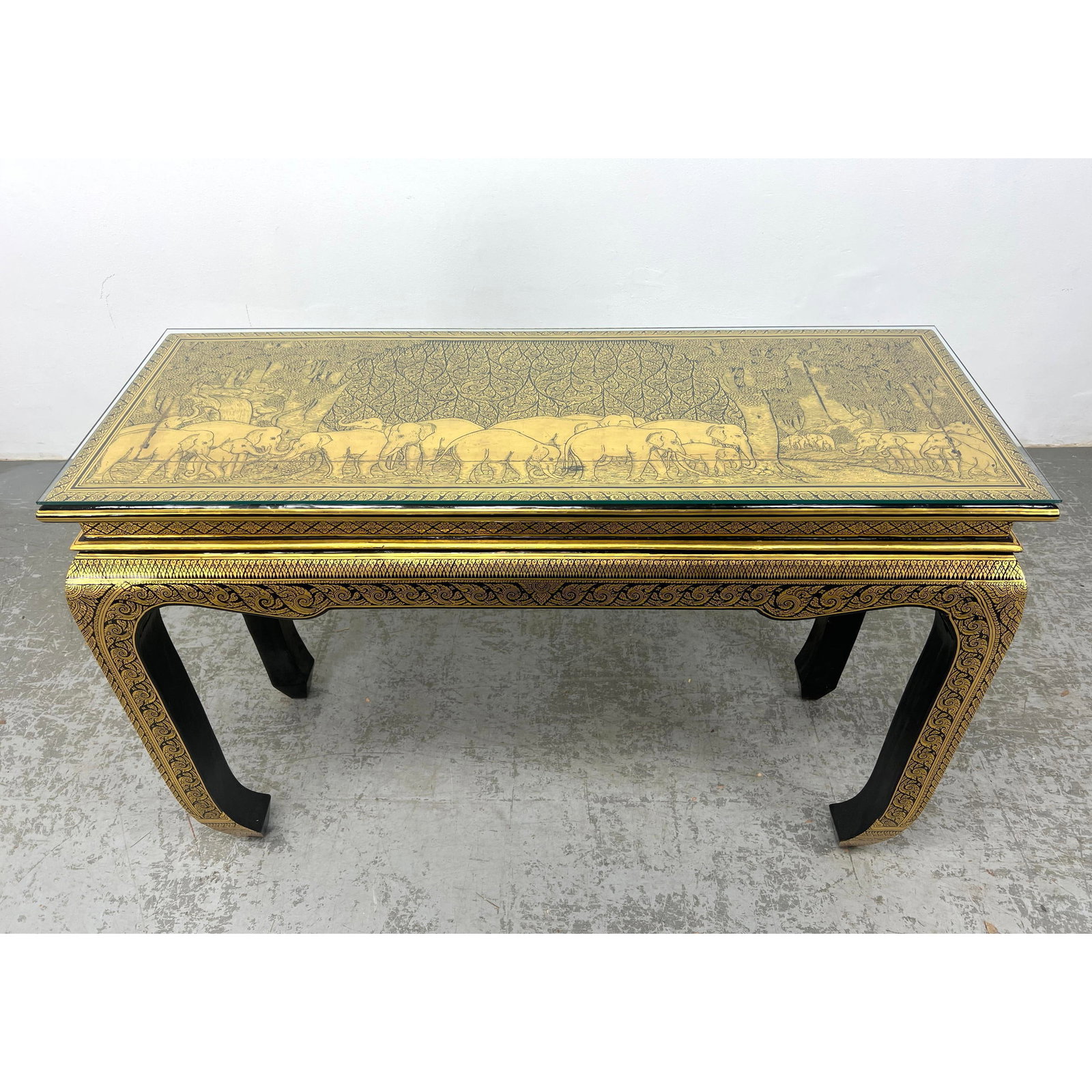 Gold Decorated Scenic Elephants Hall Console Table. Protective Glass Top. (1 of 15)