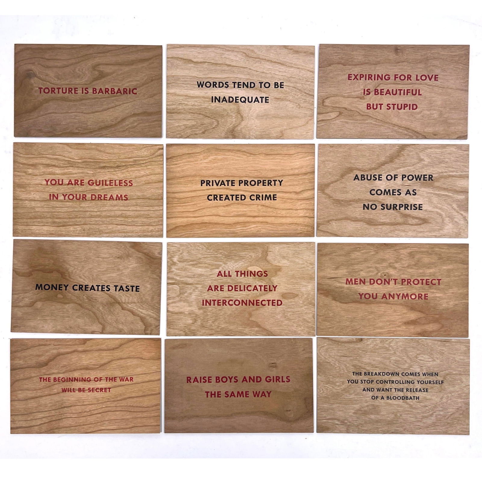 Set 12 Jenny Holzer truisms on wood postcards: Set 12 Jenny Holzer truisms on wood postcards Dimensions: Height: 4 inches, Width: 6 inches. --- US Packing and Shipping charge: $35 Plus rquired insurance at a rate of $2 per hundred. - We offer curb