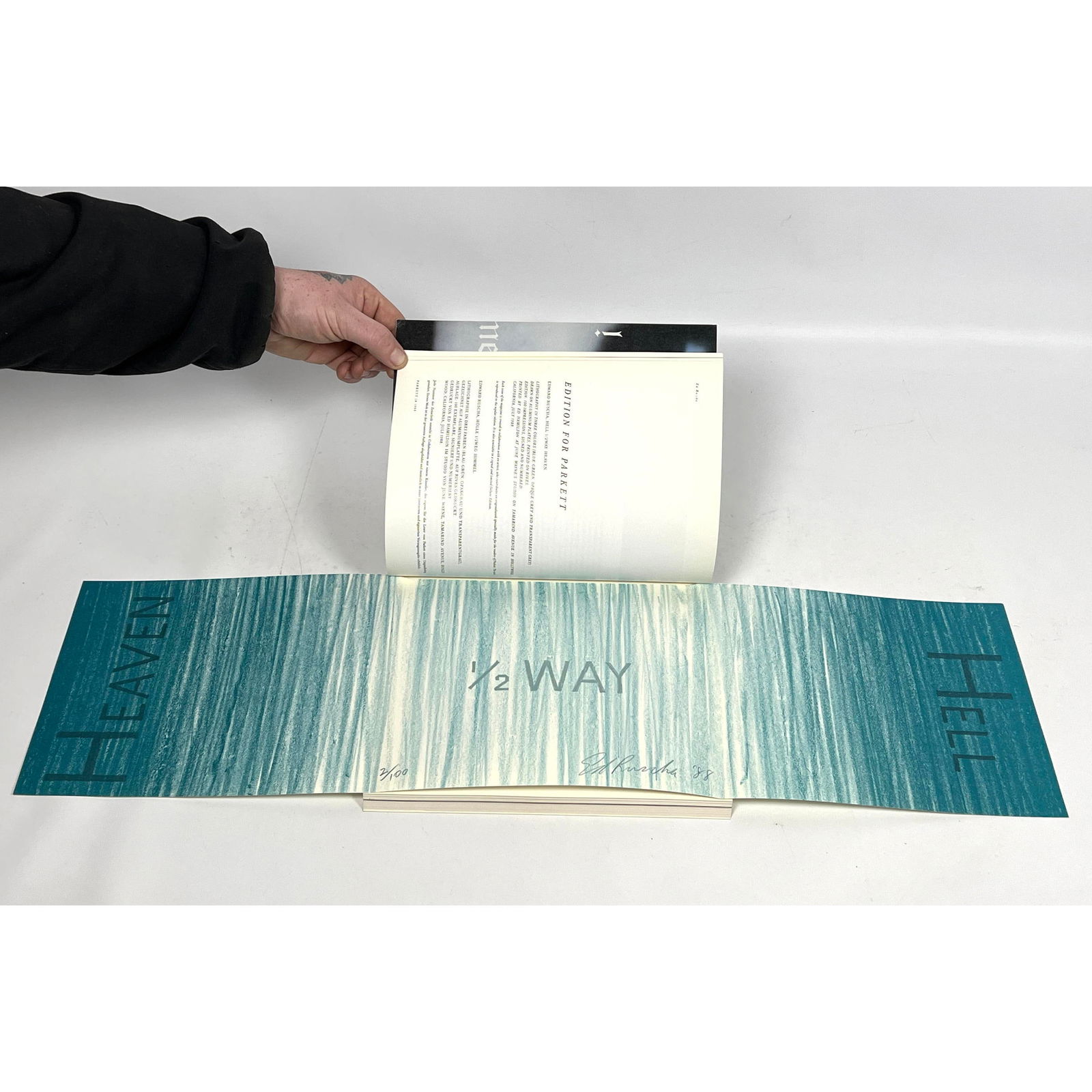 Ed Ruscha hell halfway heaven signed numbered 2 of 100 lithograph for Parkett magazine 1988: Ed Ruscha hell halfway heaven signed numbered 2 of 100 lithograph for Parkett magazine 1988 Dimensions: Frame Height: 10 inches, Frame Width: 8.25 inches. - Image Size: Image Height: 8 inches, Image W