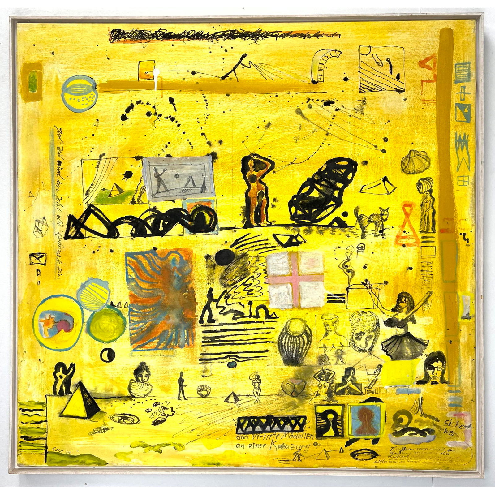 Cornelia Schleime C.M.P. '81 Surrealist Oil on Canvas Painting . Signed CMP '81. including phrase "d: Cornelia Schleime C.M.P. '81 Surrealist Oil on Canvas Painting . Signed CMP '81. including phrase "das verrirrte Madchen an einer Kreuzung" The lost girl at a crossroads. From a Long Island Estate. Sp