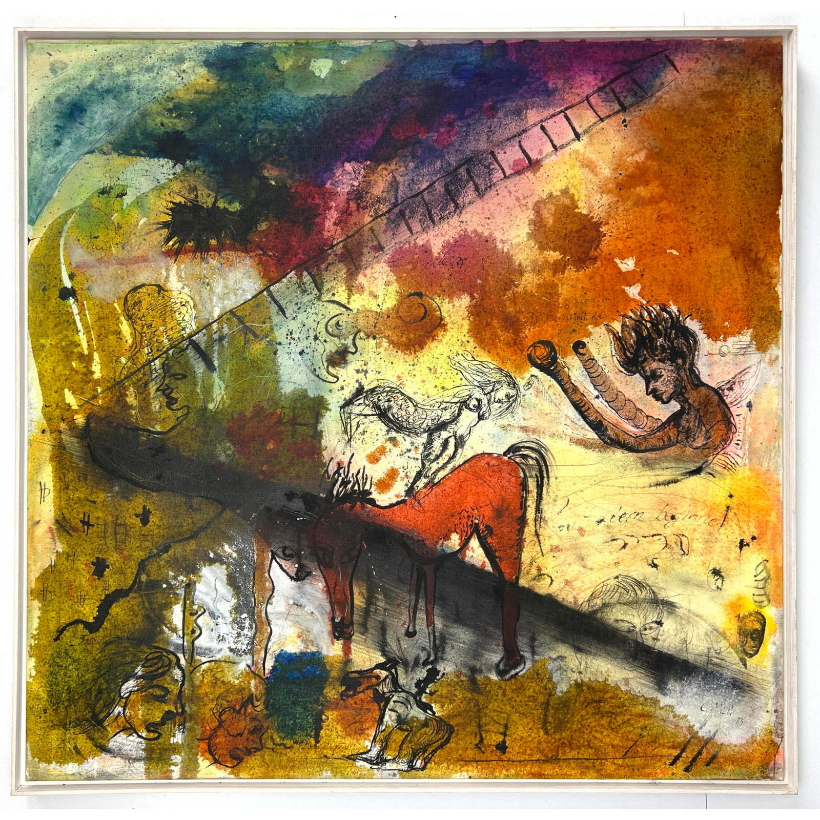 Cornelia Schleime C.M.P. 83 Surrealist Oil painting on Canvas. Signed CMP '83. including mottled hor: Cornelia Schleime C.M.P. 83 Surrealist Oil painting on Canvas. Signed CMP '83. including mottled horse imagery. From a Long Island Estate. Special Note: Special Note: This work has been authenticated