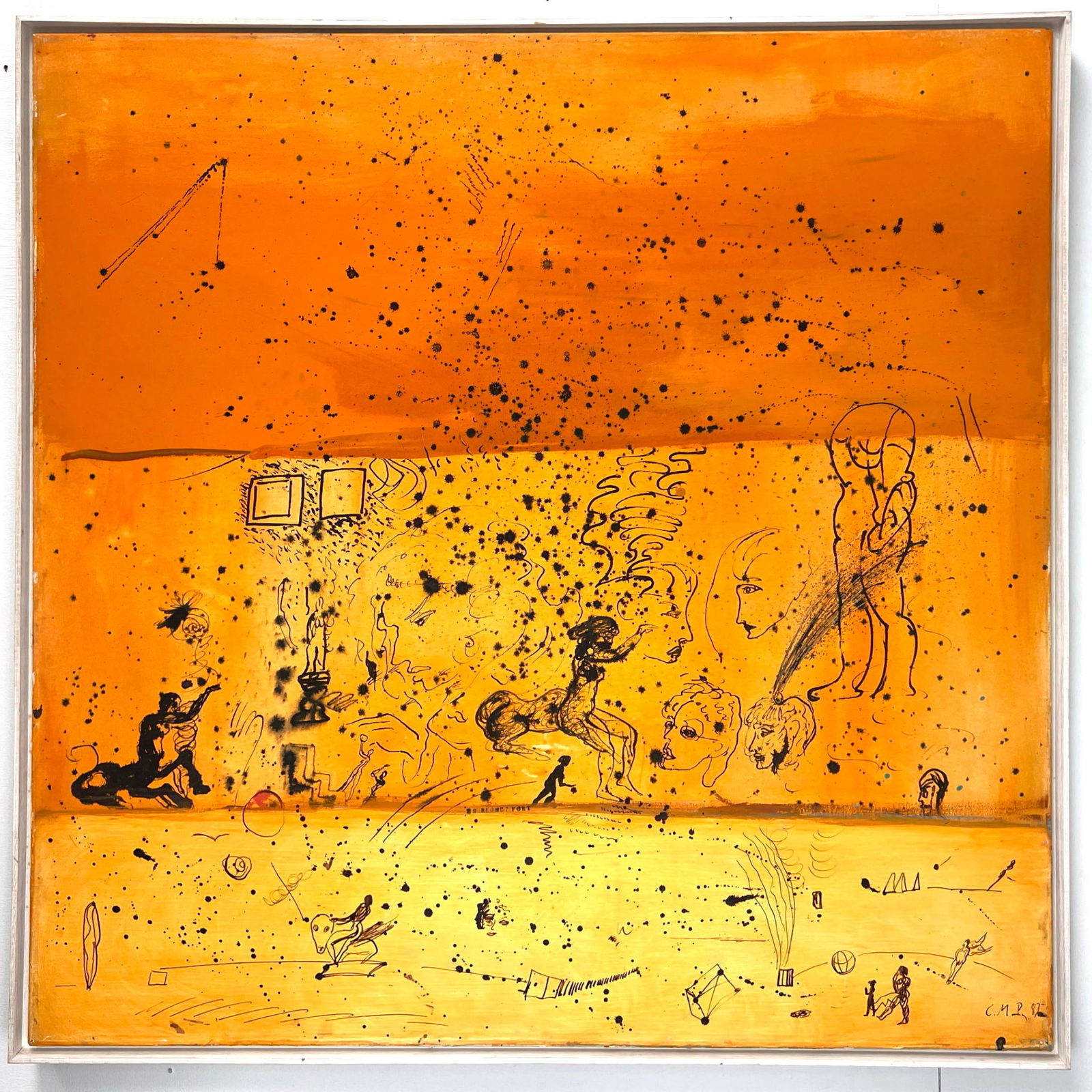 Cornelia Schleime C.M.P. 82 Surrealist Oil painting on Canvas. Signed CMP '82. including Orange fiel: Cornelia Schleime C.M.P. 82 Surrealist Oil painting on Canvas. Signed CMP '82. including Orange field and surrealistic ink sketches. From a Long Island Estate. Special Note: This work has been authent