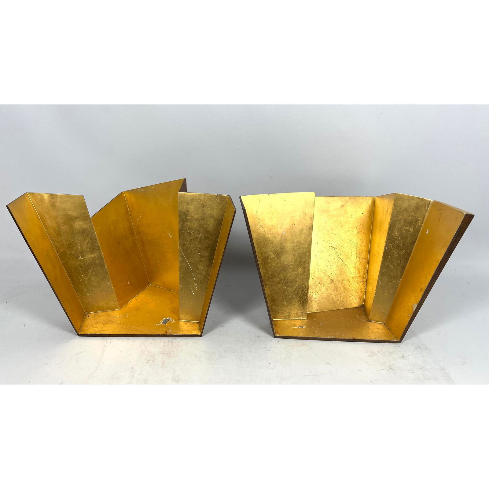 2pcs Iron Dimensional Sculptures with Gold Gilt Interiors. Can be flipped in many positions.: 2pcs Iron Dimensional Sculptures with Gold Gilt Interiors. Can be flipped in many positions. Dimensions: Height: 10 inches, Width: 15 inches, Depth: 9 inches. --- - We offer curbside delivery for most