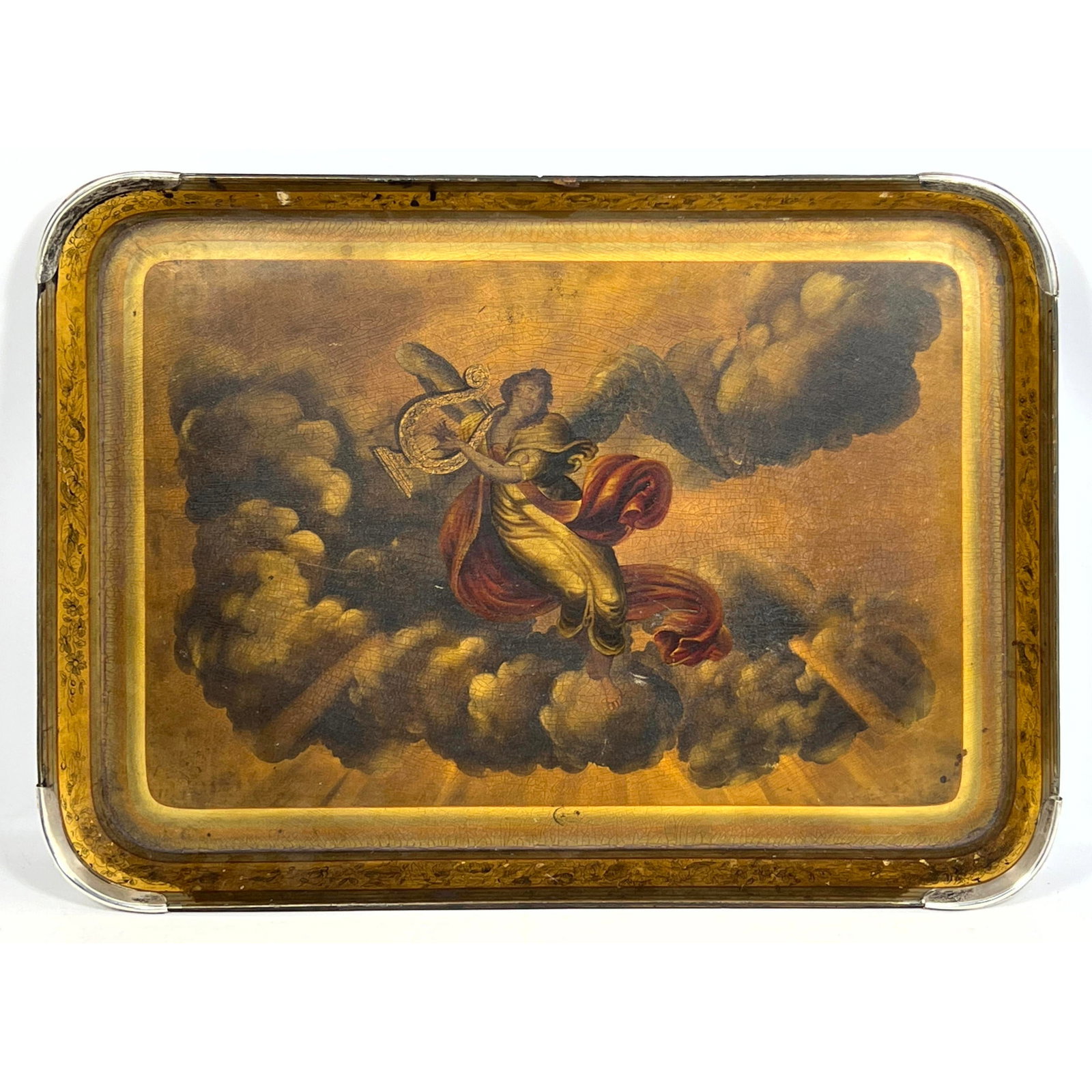 Antique Tole Painted English Tea Tray with Silver Corners. Ornate Angelic Painted Papier Mache Tray (1 of 12)