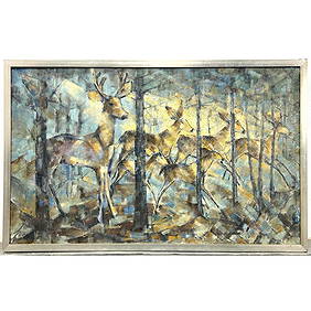 EDYTHE FERRIS Mid Century Painting on Canvas. Deer painting. FLIGHT IN THE KAIBAB. Label on Back. li (1 of 10)