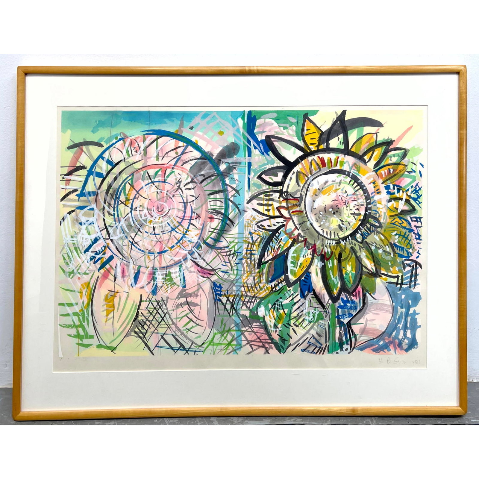 PAT STEIR Colorful Floral Print. Artist Signed. Dated 1986. 79/100.: PAT STEIR Colorful Floral Print. Artist Signed. Dated 1986. 79/100. Dimensions: Frame Height: 33 inches, Frame Width: 45 inches. - Image Size: Image Height: 25 inches, Image Width: 37 inches. --- - We