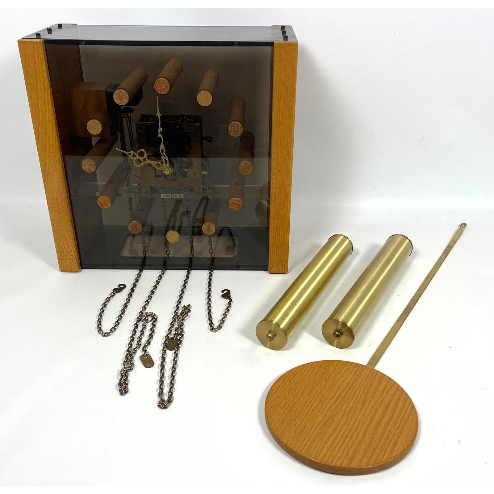 Mid Century Modern Howard Miller Wall Clock. Oak and Gray Acrylic. (1 of 14)