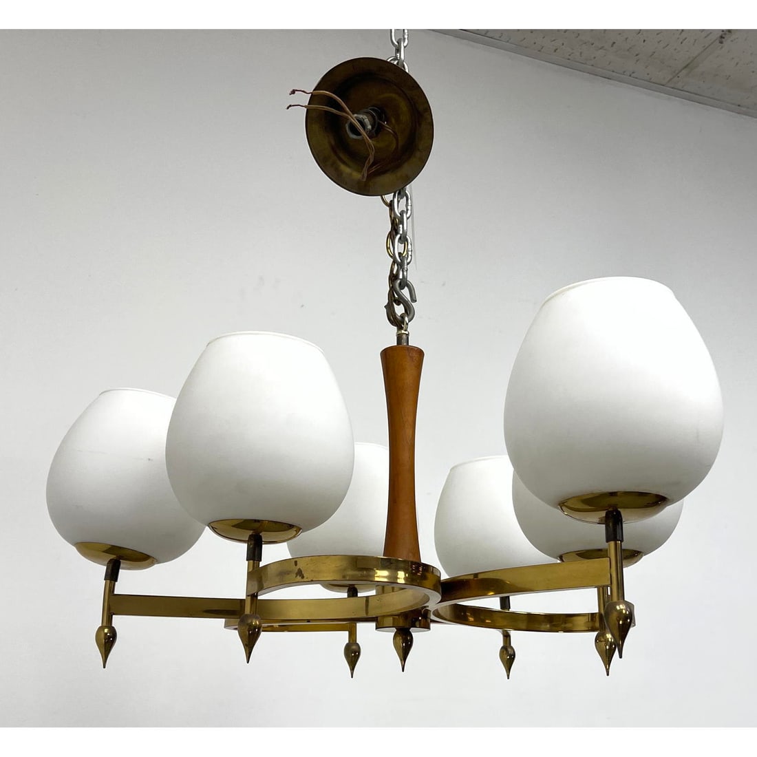 Modernist Brass and Walnut Chandelier. 6 Large Tulip Shaped Glass Shades. MCM: Modernist Brass and Walnut Chandelier. 6 Large Tulip Shaped Glass Shades. MCM Dimensions: Height: 13 inches, Width: 21 inches, Depth: 21 inches. --- - We offer curbside delivery for most items to NYC,