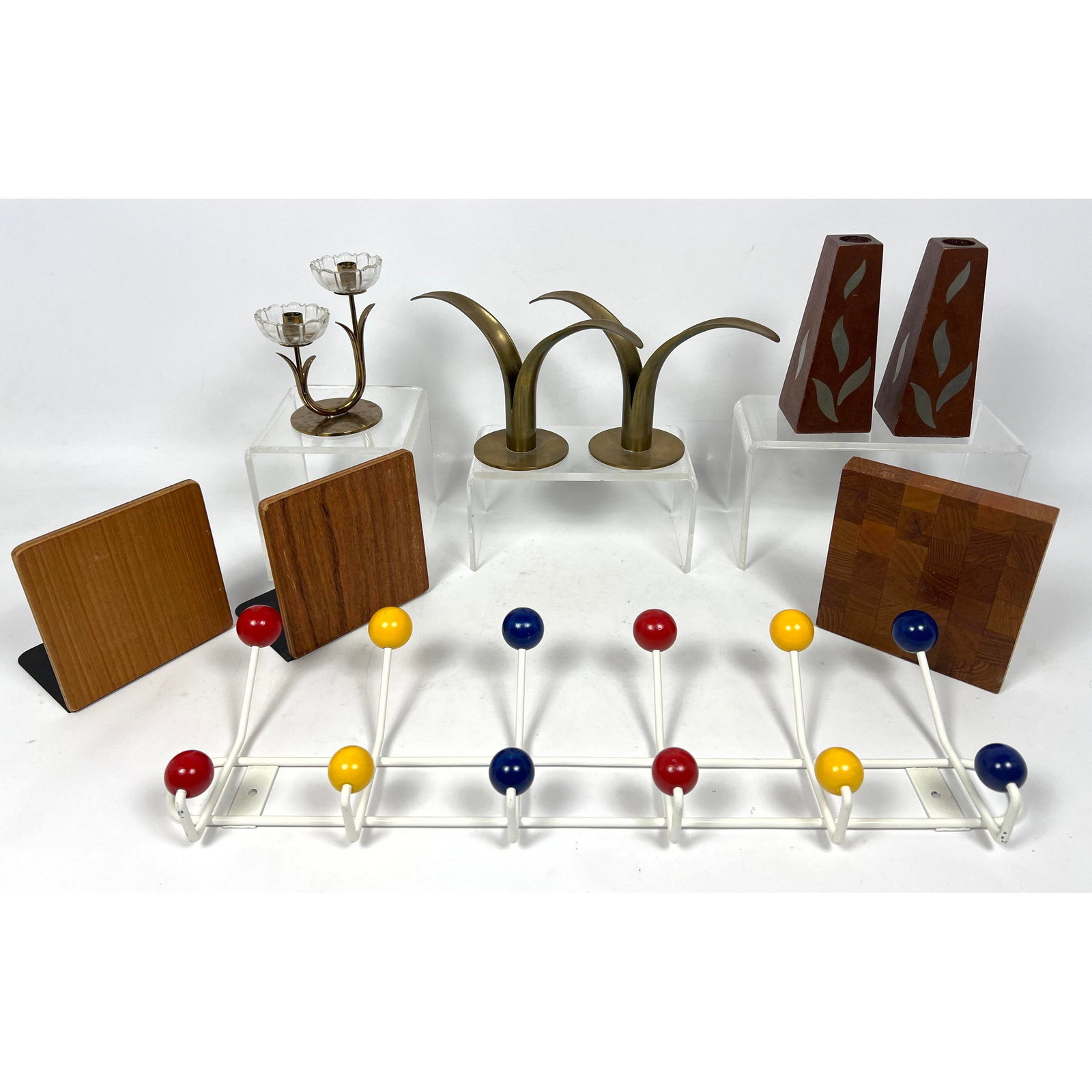 Mid Century Modern Lot.  Ystad Sweden Candleholders, Teak Book Ends,  Atomic Multicolored Wood Ball (1 of 17)