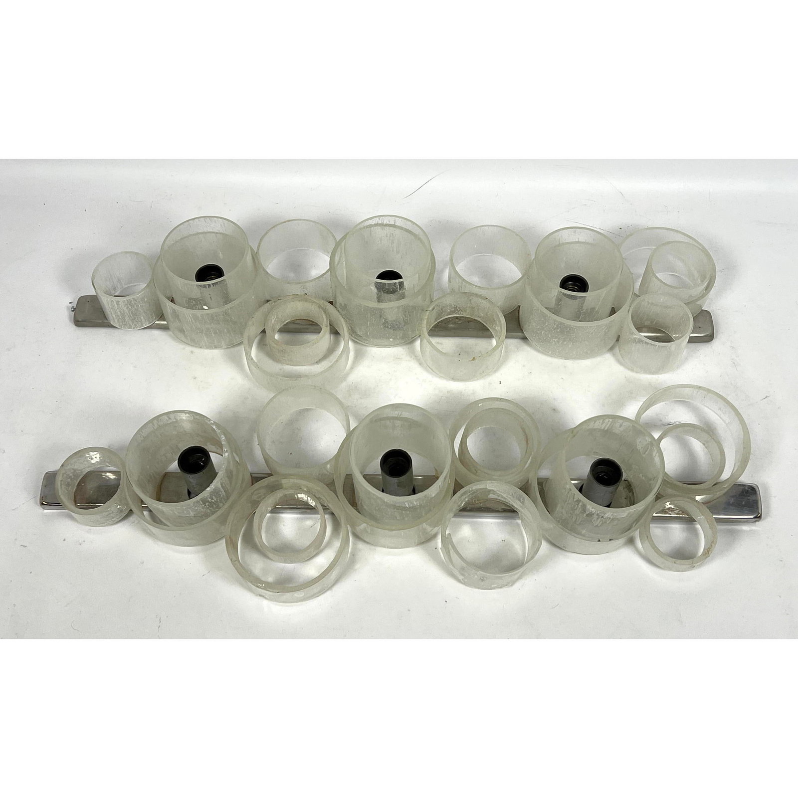 Pr Long Italian Wall Sconce Lights. Series of textured round glass "column" shades. (1 of 13)