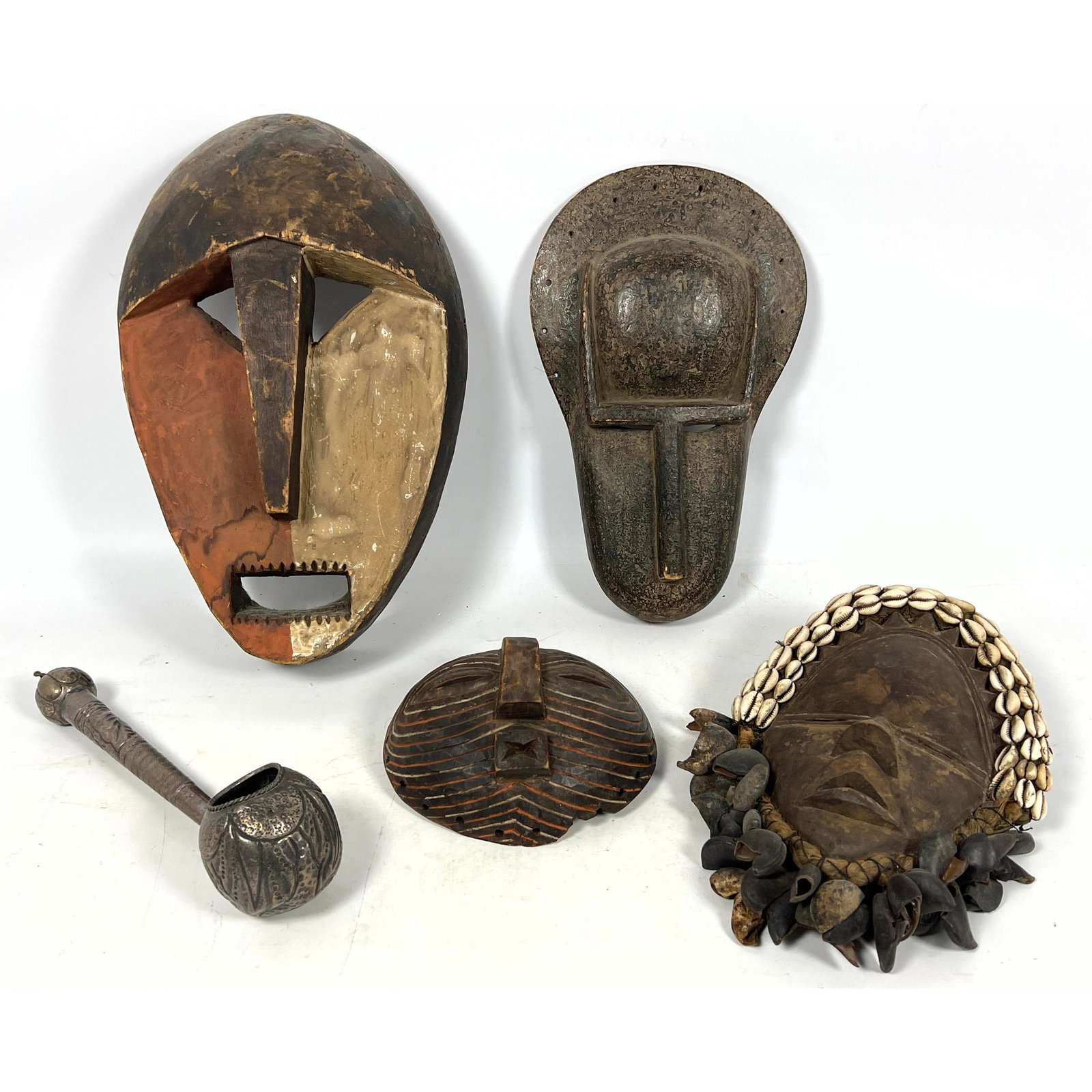 Shelf Lot. Vintage Carved Polychrome African Masks; one with cowry shells. Tooled Silver Handled Lad (1 of 19)
