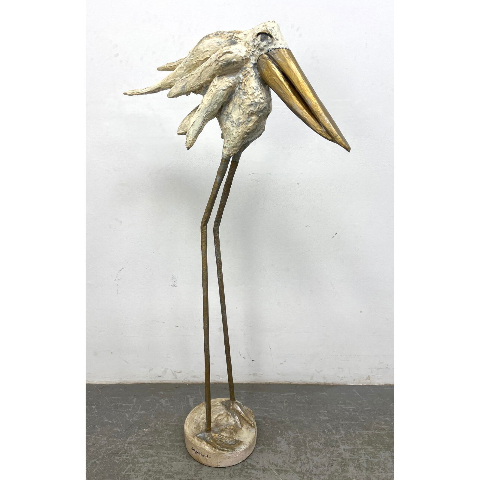 JOE HARTNETT Plaster Figural Long Legged Bird Sculpture.: JOE HARTNETT Plaster Figural Long Legged Bird Sculpture. Dimensions: Height: 53 inches, Width: 10 inches, Depth: 30 inches. ---