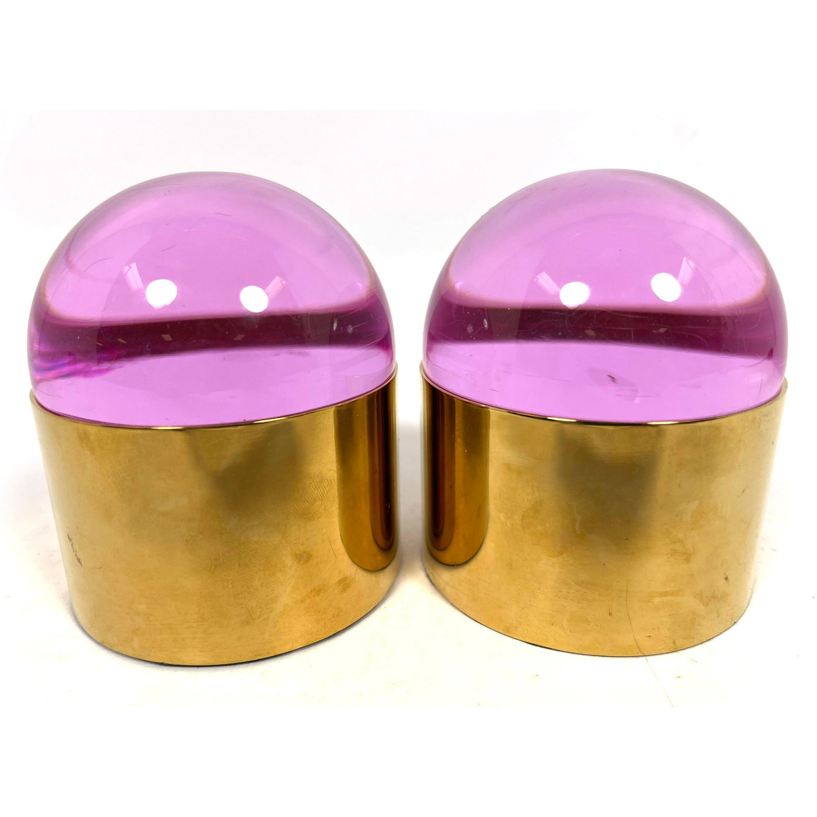 Pr JONATHAN ADLER Globo Boxes. Polished Brass and Jewel Toned Acrylic Lids. Paper label. (1 of 14)