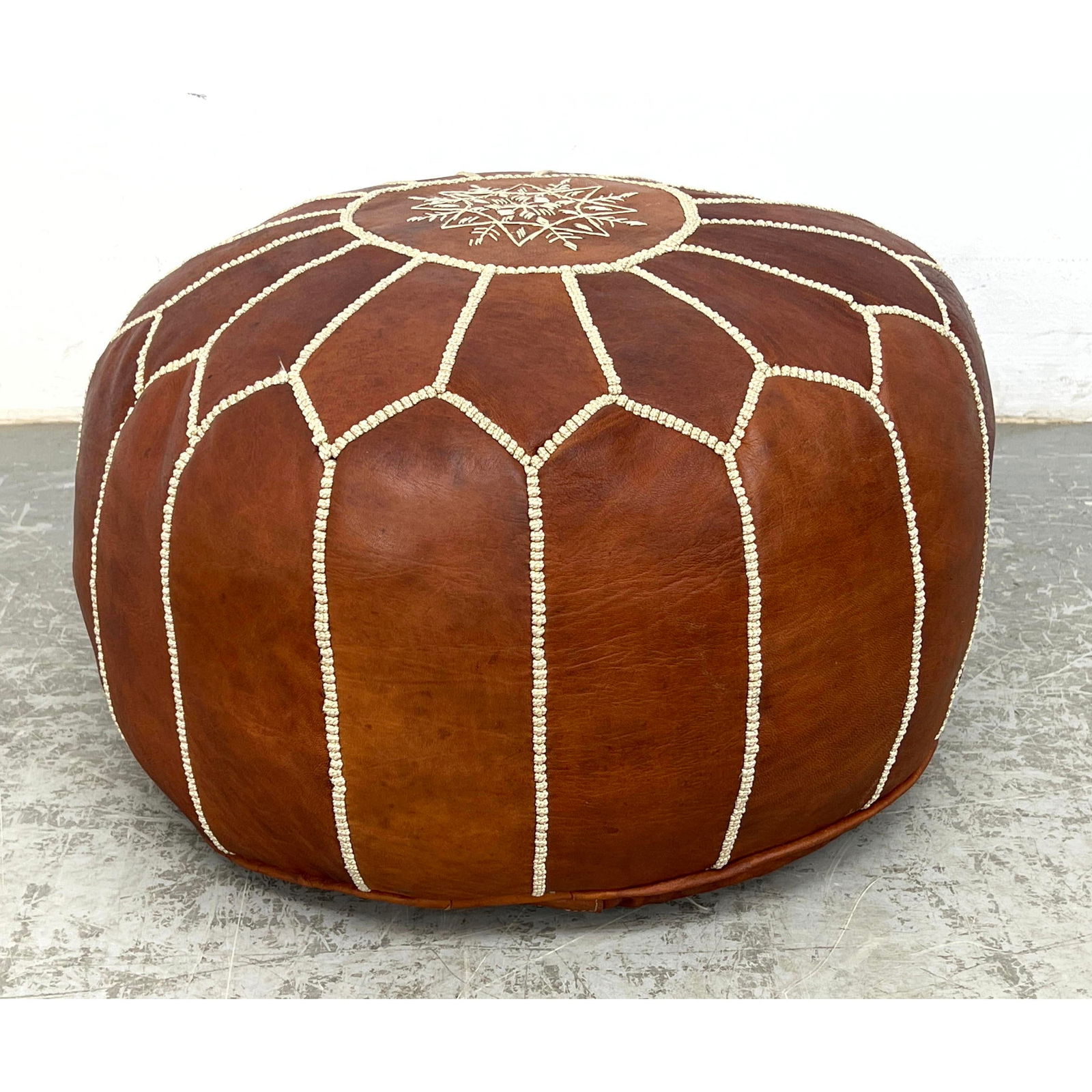 Stitched Trim Leather Patchwork Ottoman Foot Stool. Mid Eastern Bohemian. (1 of 10)