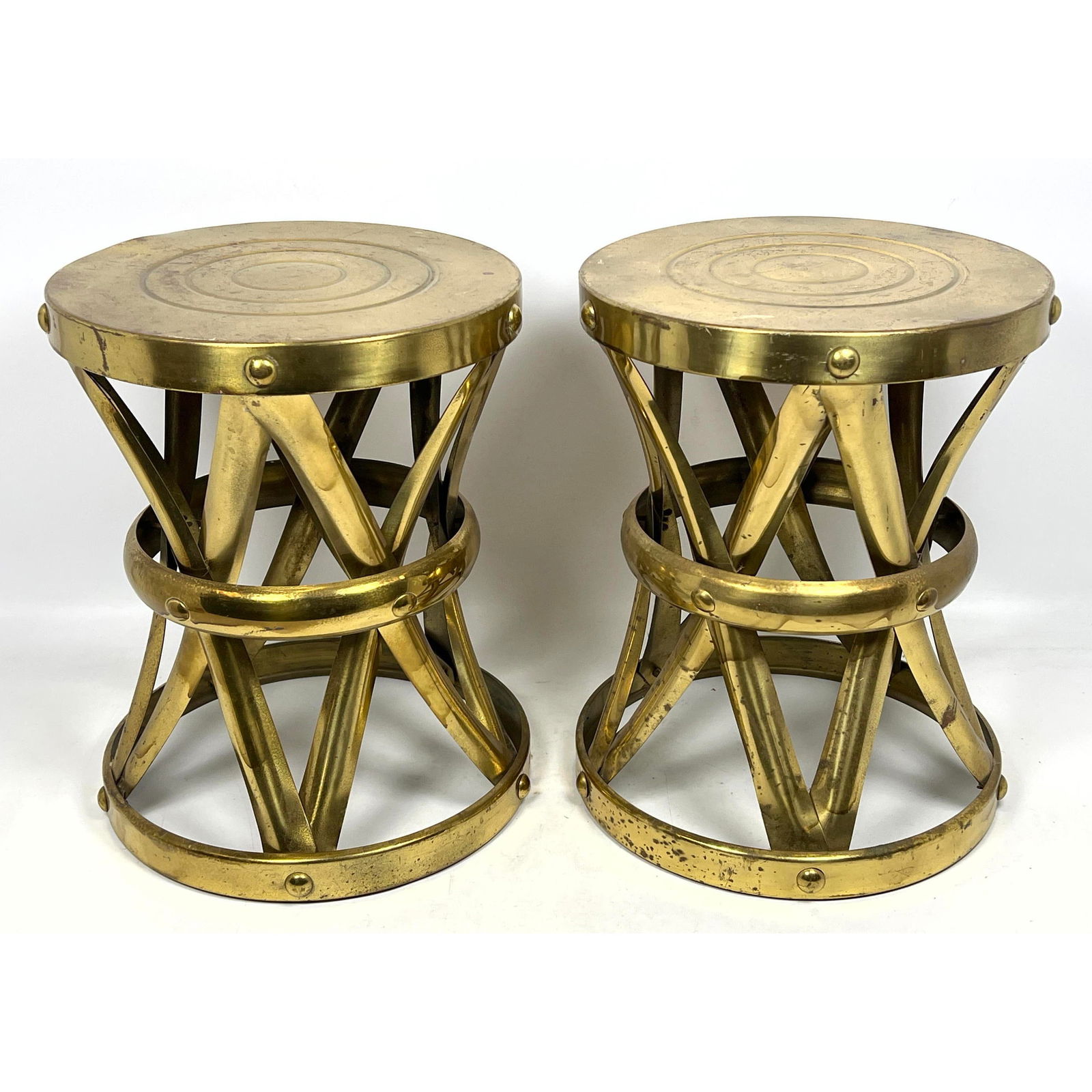 Pair Of Sarreid style Metal Stools. Corseted design with "X" details (1 of 12)