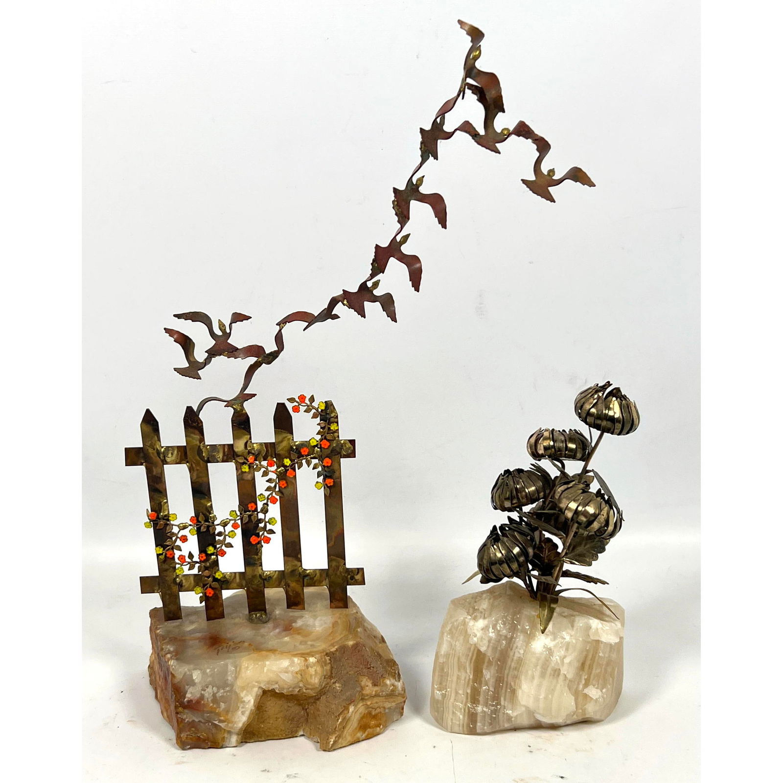 2pc lot: BIJAN fence sculpture (Signed) and floral table sculpture of Cut metal. Signed with sticker (1 of 14)
