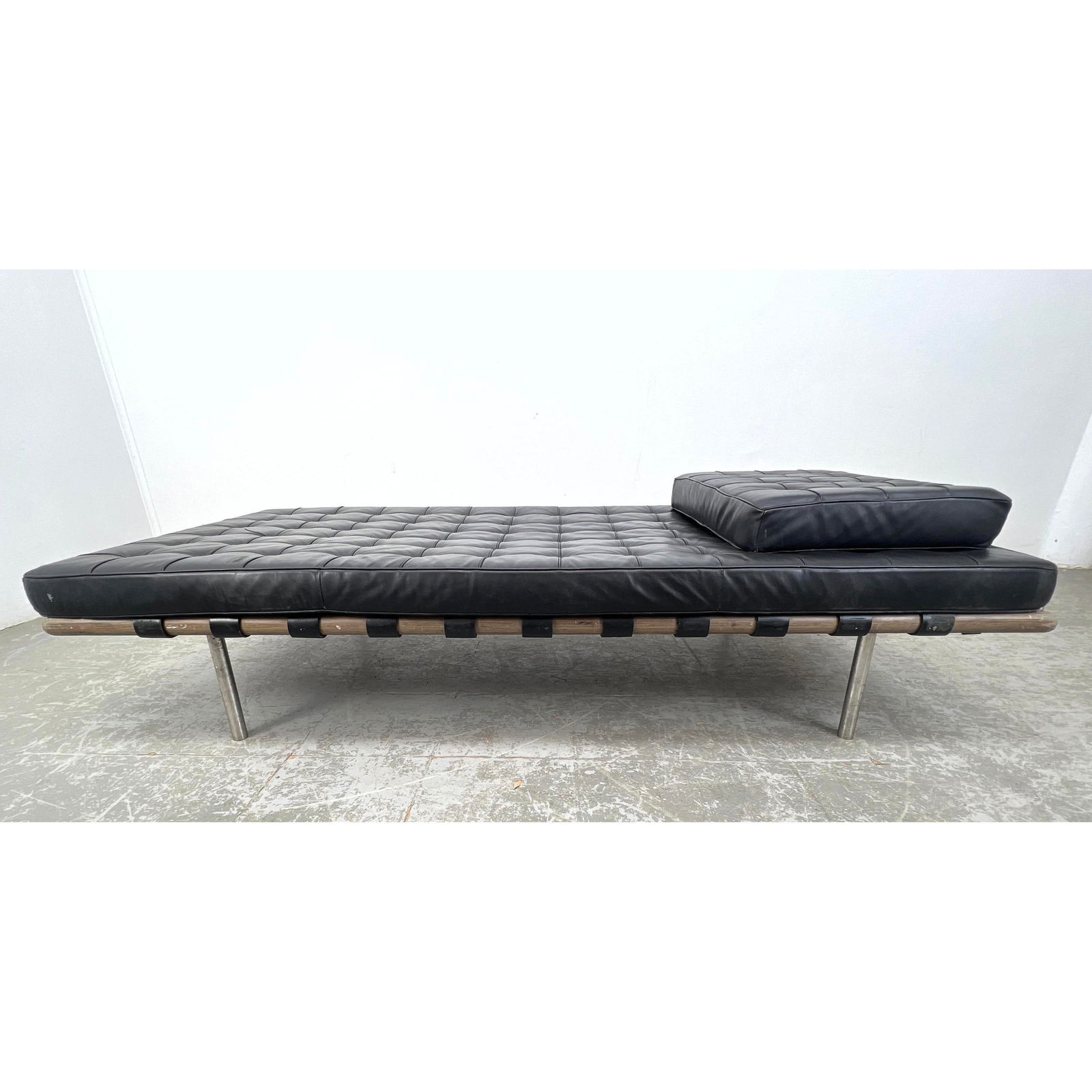 Barcelona style Modernist Daybed. Black tufted cushion on wood frame; metal legs. Has flat pillow in (1 of 17)