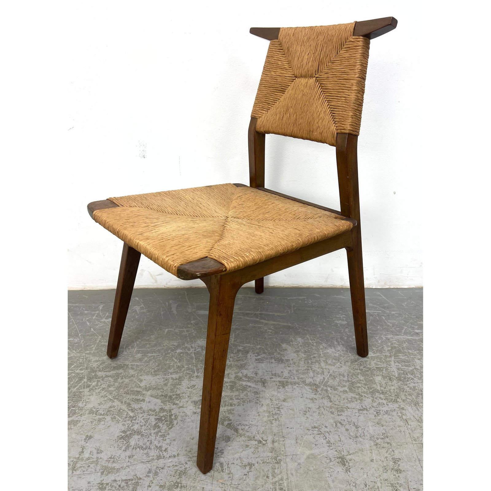 Modernist Wood Side Dining Chair. Woven Seat and Backrest. Marked: WOOD ARTISTS, INC.: Modernist Wood Side Dining Chair. Woven Seat and Backrest. Marked: WOOD ARTISTS, INC. Dimensions: Height: 32 inches, Width: 18 inches, Depth: 19 inches. - Seat Height: 17 inches ---