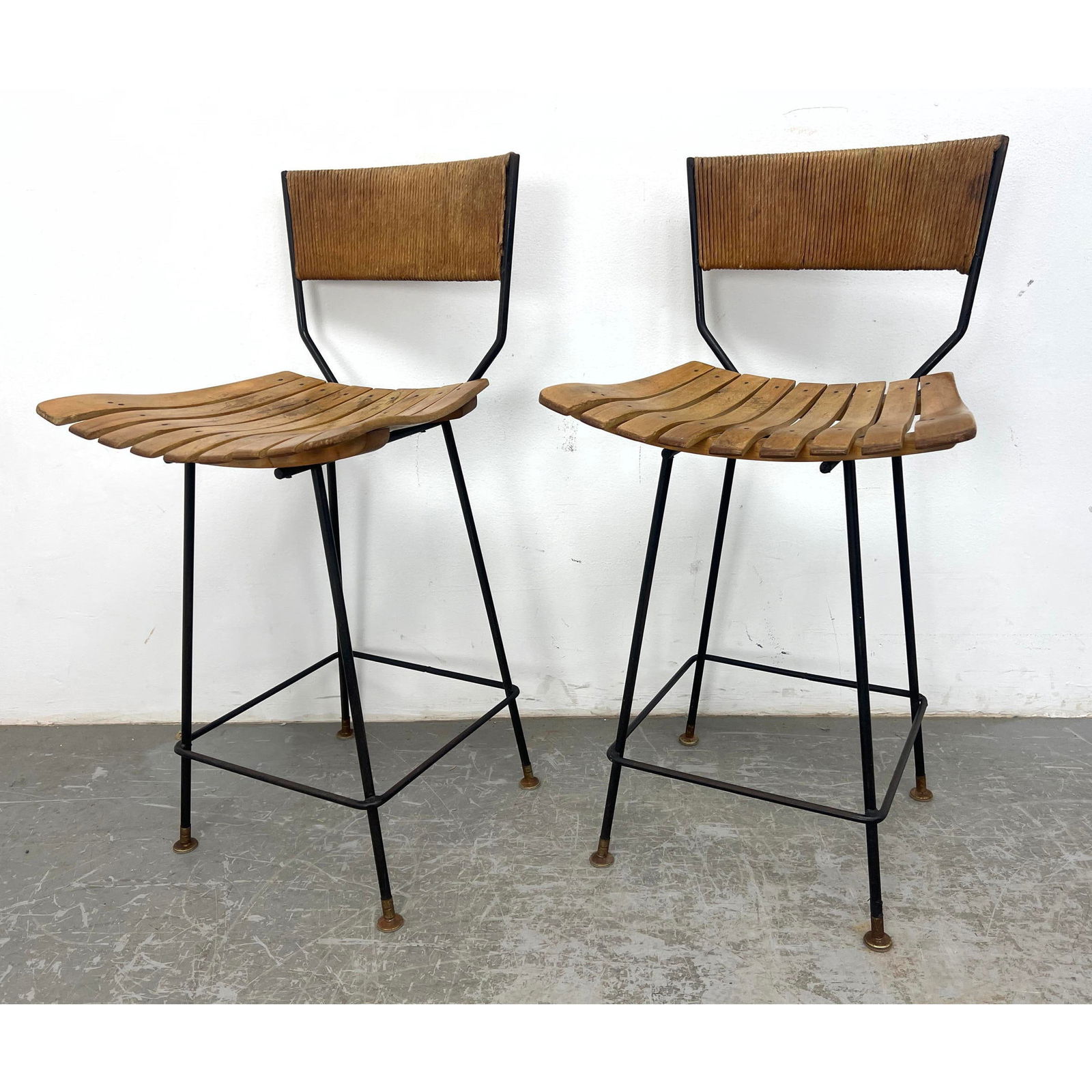 Pair Umanoff style slat bar stools. No swivel. Seat height 24 inches. (1 of 14)