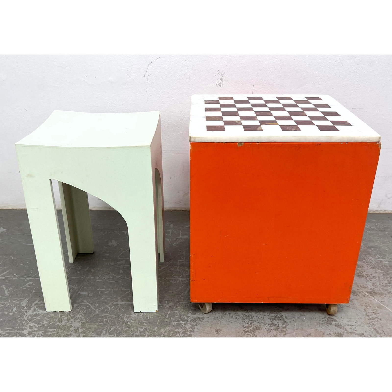 2pcs Marble Top Checkerboard Rolling Storage Cube Table and Painted Plywood Stool (1 of 16)