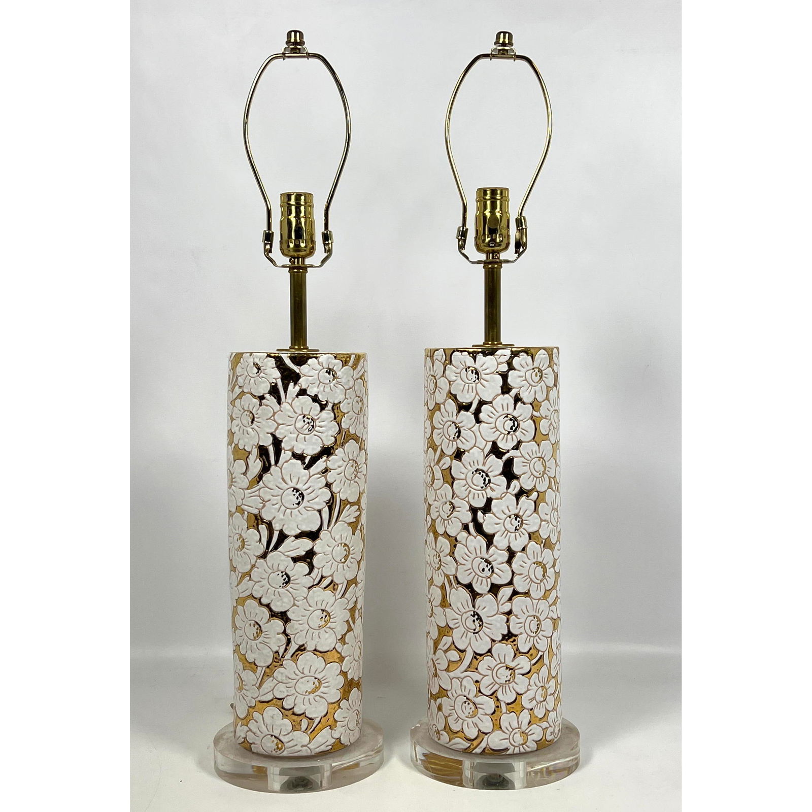 Pair Italian Glazed Pottery Table Lamps on Lucite Bases. Floral Pattern. (1 of 15)