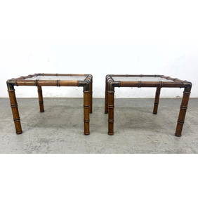 Pr Faux Bamboo Square Side End Tables. Smoked Glass Tops. Antiqued Brass Campaign style Corners. pro (1 of 17)