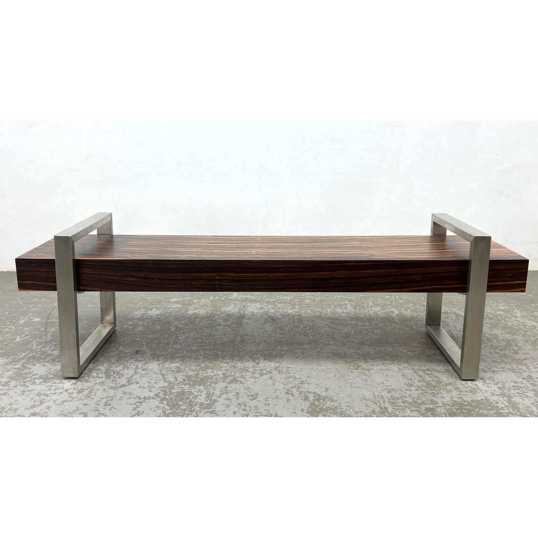 GUS Exotic Wood Modernist Bench Seating. Two Stainless Open Frame Square Legs. Label. (1 of 9)