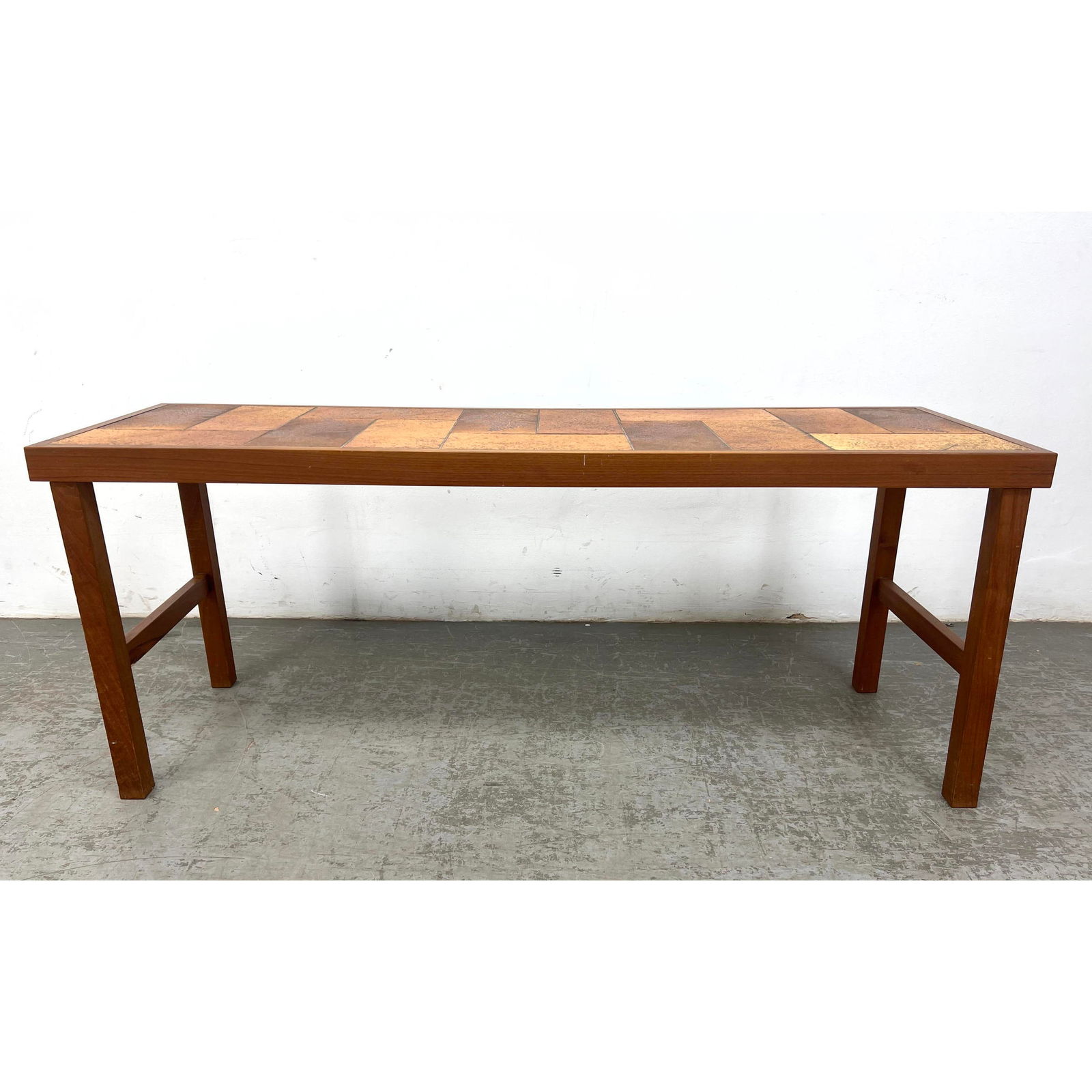 Danish Modern Teak Pottery Tile Top Console Table. Impressed fern leaf pattern in some tiles. Hall T (1 of 10)