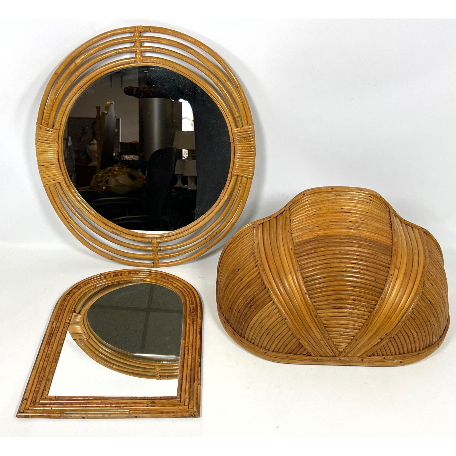 3pc Pencil Reed Rattan Modernist Lot. 1) RAYMOR Italian Round Mirror with Rattan Frame; Paper Label. (1 of 15)
