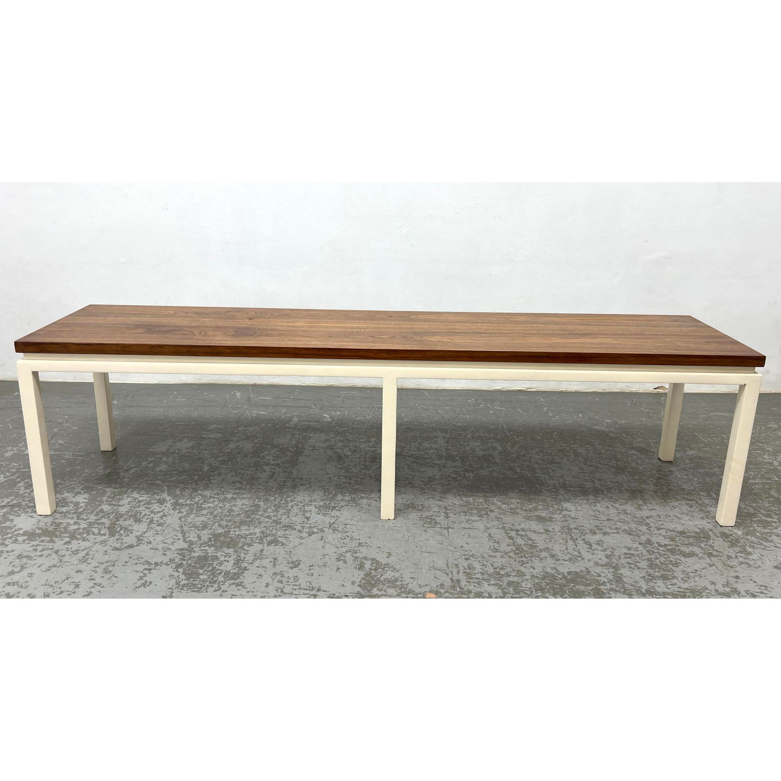 Modernist Wood Coffee Table Bench. Natural Wood Top rests on White Painted Wood Base. (1 of 11)