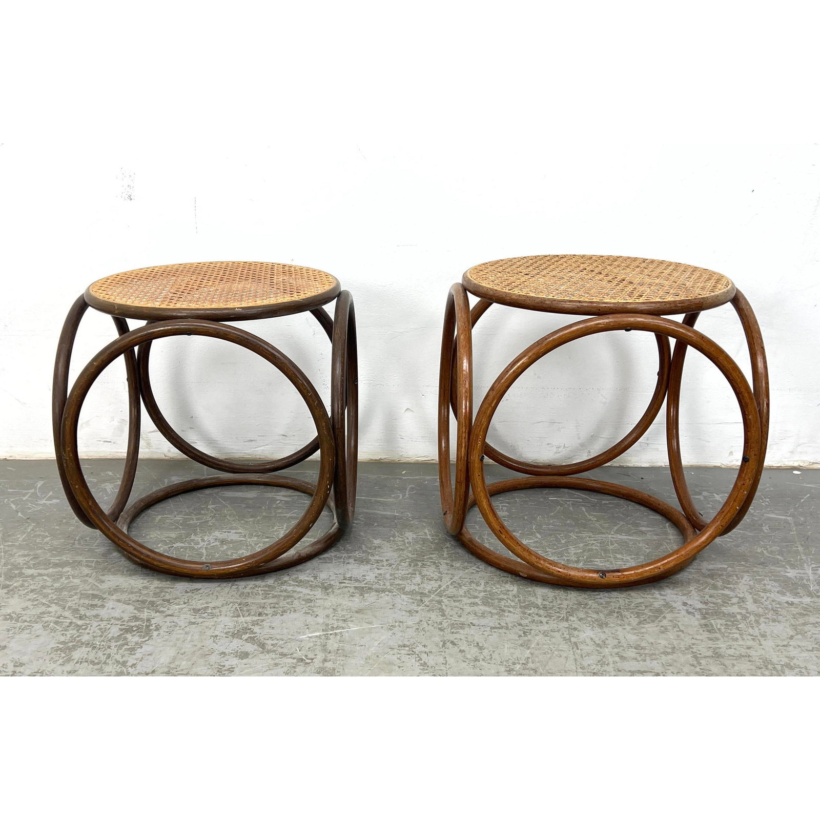 Pr Bentwood Caned Top Mid Century Stools. Thonet style. Side Tables. (1 of 18)