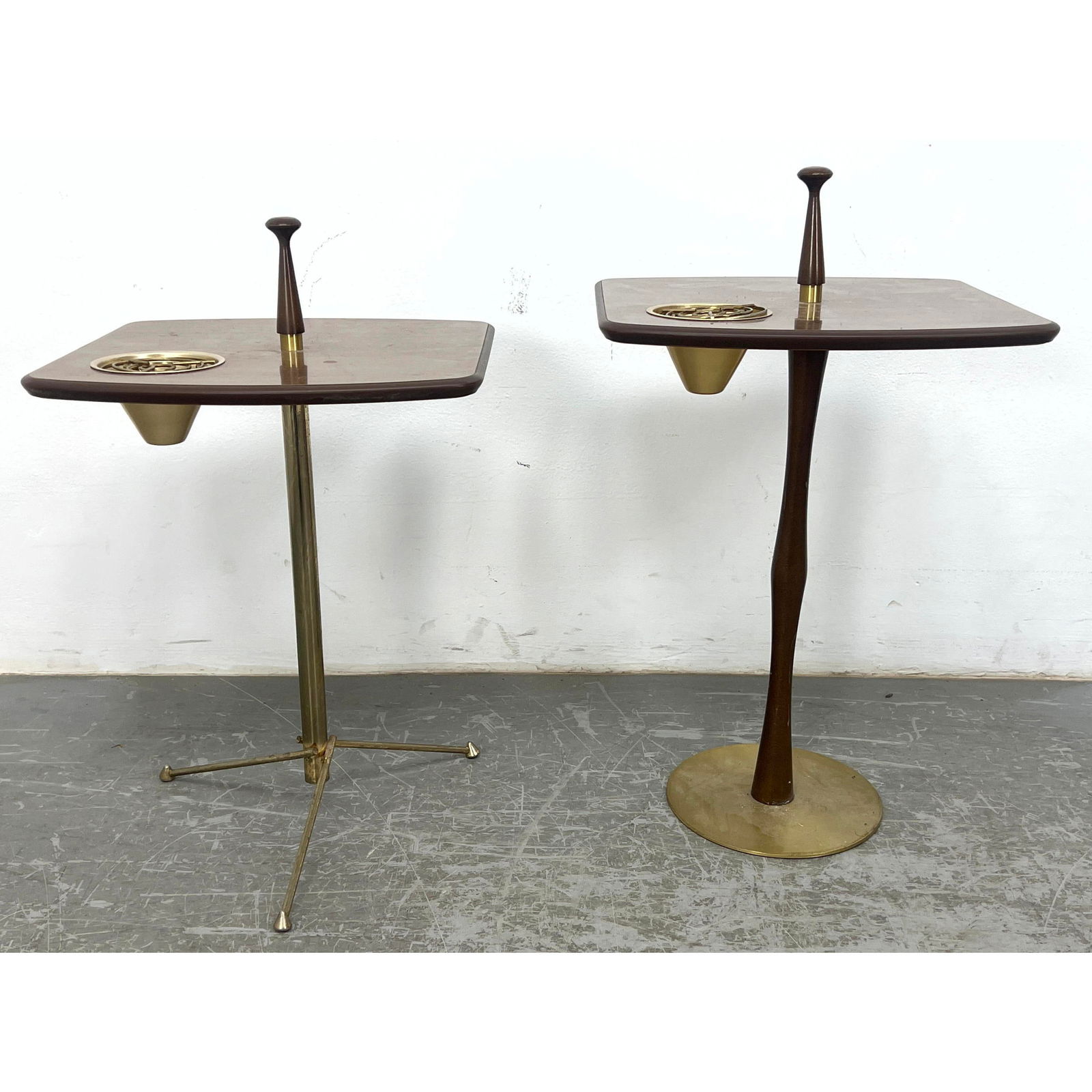 2pc Mid Century Smoking Stands. Faux Wood Laminate Tops; Inset ashtrays. Different Bases. (1 of 11)