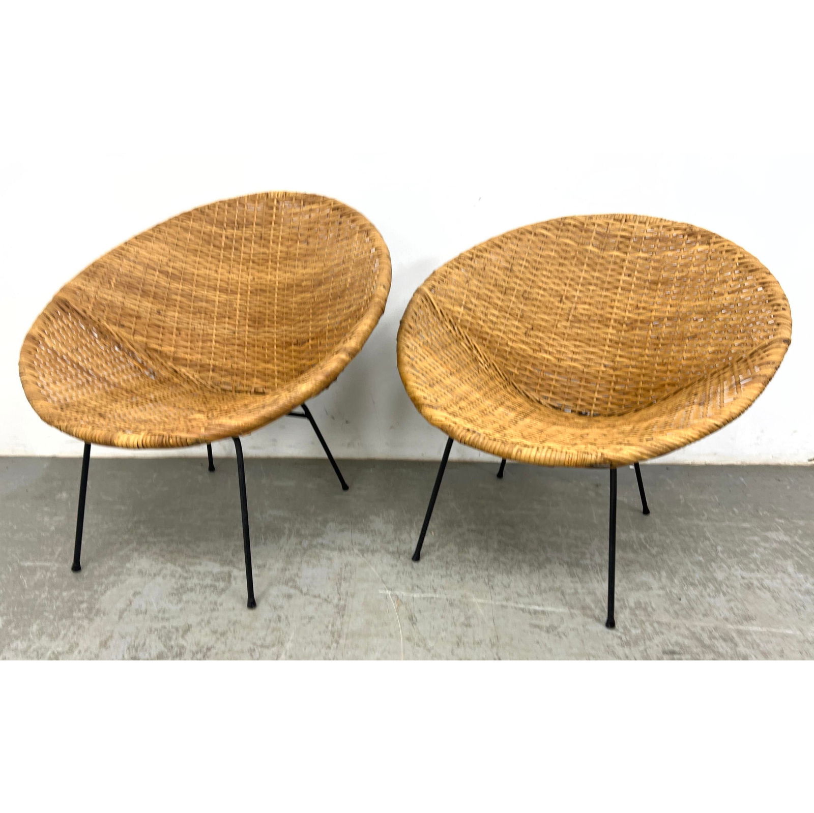 Pair Hairpin Iron, Woven Wicker Saucer Chairs. MCM Design. Bucket Chairs. (1 of 17)