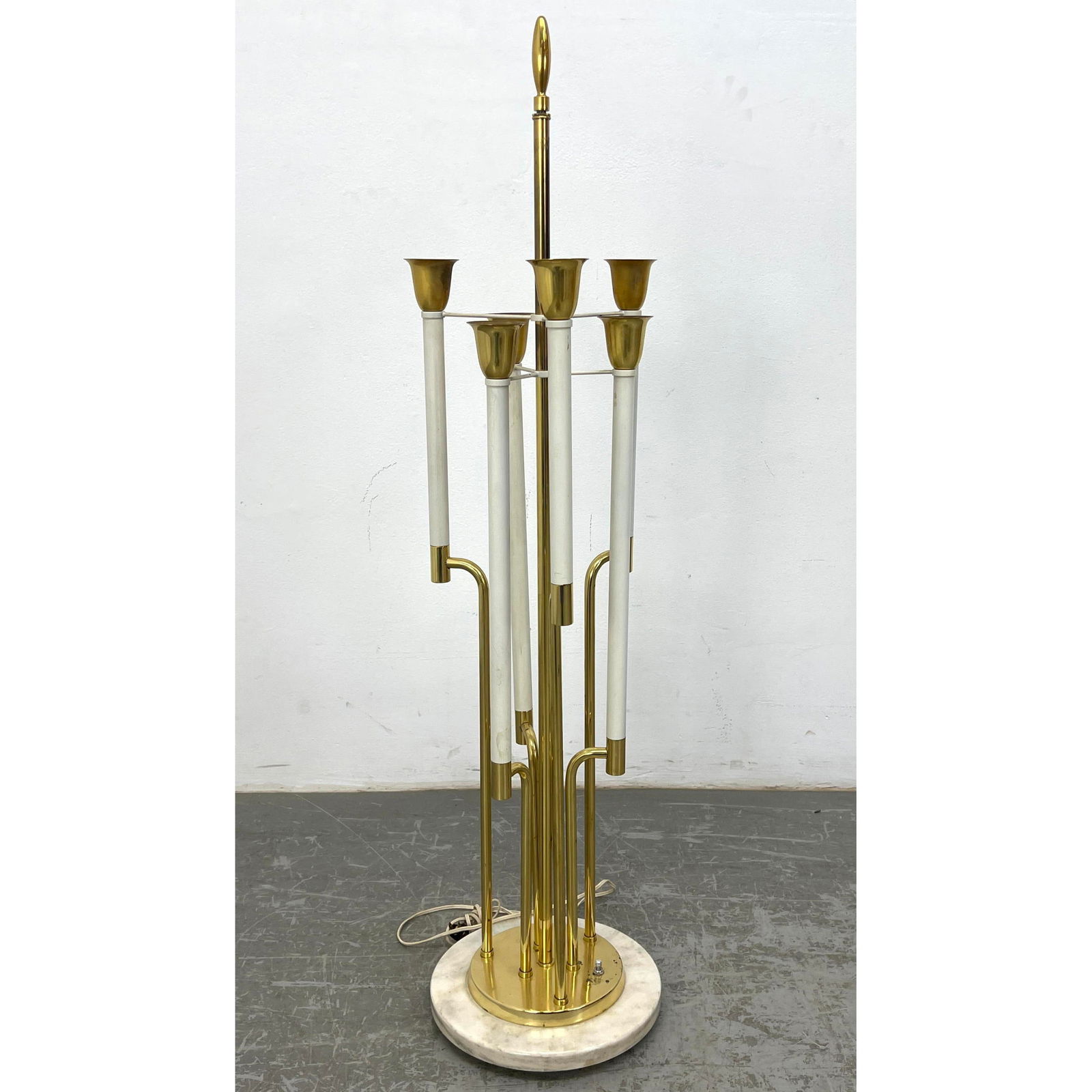 Tommi Parzinger style Tall Brass Table Lamp. White enamel Candle style arms. White Marble Base. (1 of 8)