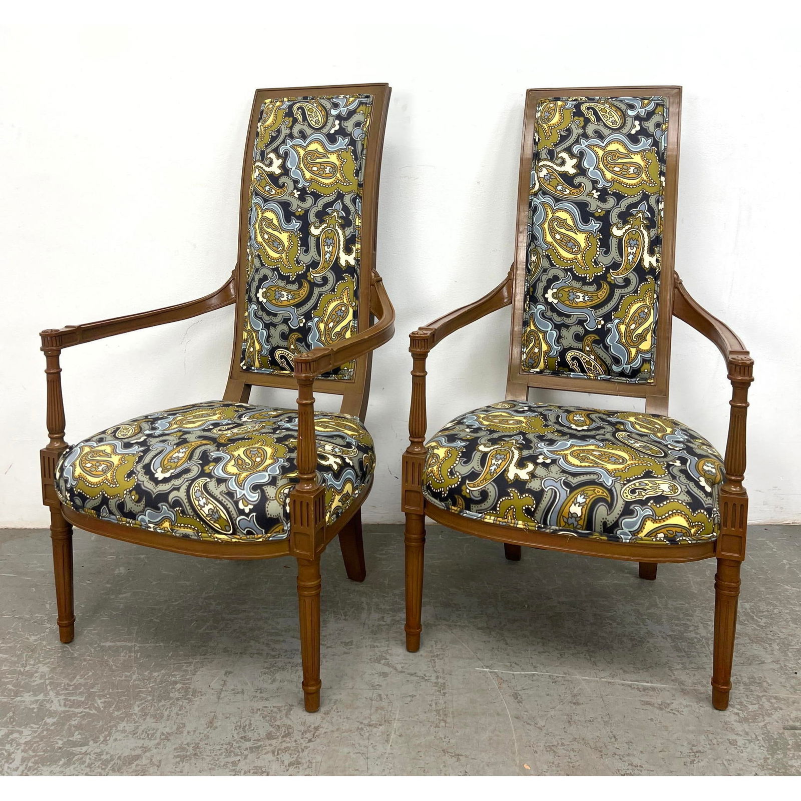 Pair 70'S Modern Paisley Fabric Armchairs. Tall Upholstered Backs with Narrow Curved Arms. (1 of 17)