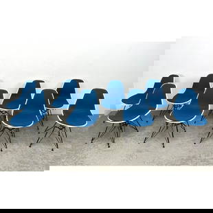 Set 8 Charles Eames Upholstered Molded Plastic Side Chairs with Eiffel Base in Alexander Girard Hops: Set 8 Charles Eames Upholstered Molded Plastic Side Chairs with Eiffel Base in Alexander Girard Hopsack fabric, Marked Dimensions: Height: 32 inches, Width: 17.5 inches, Depth: 19 inches. - Seat Heigh