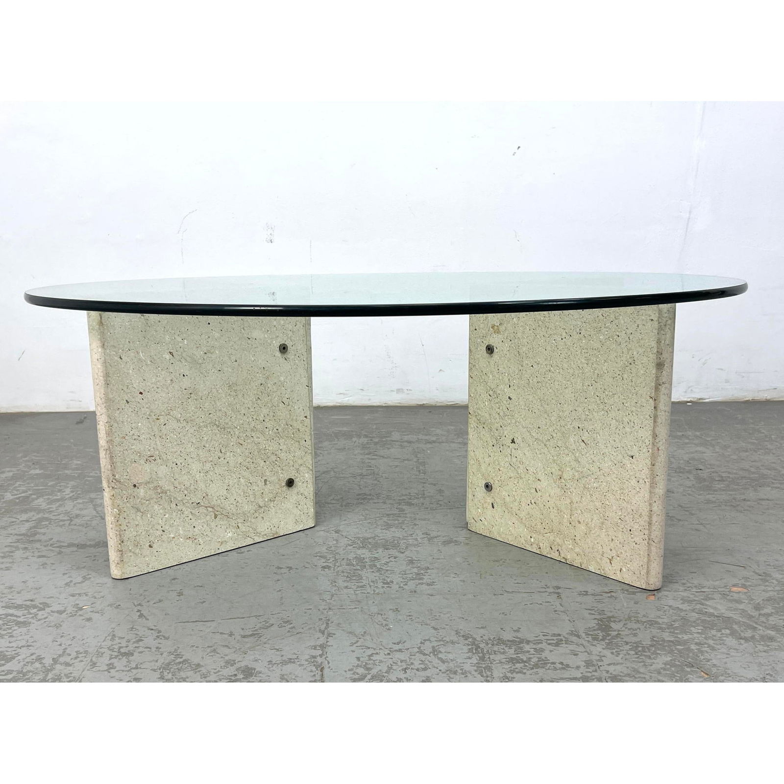 Round glass top travertine coffee cocktail table. (1 of 10)