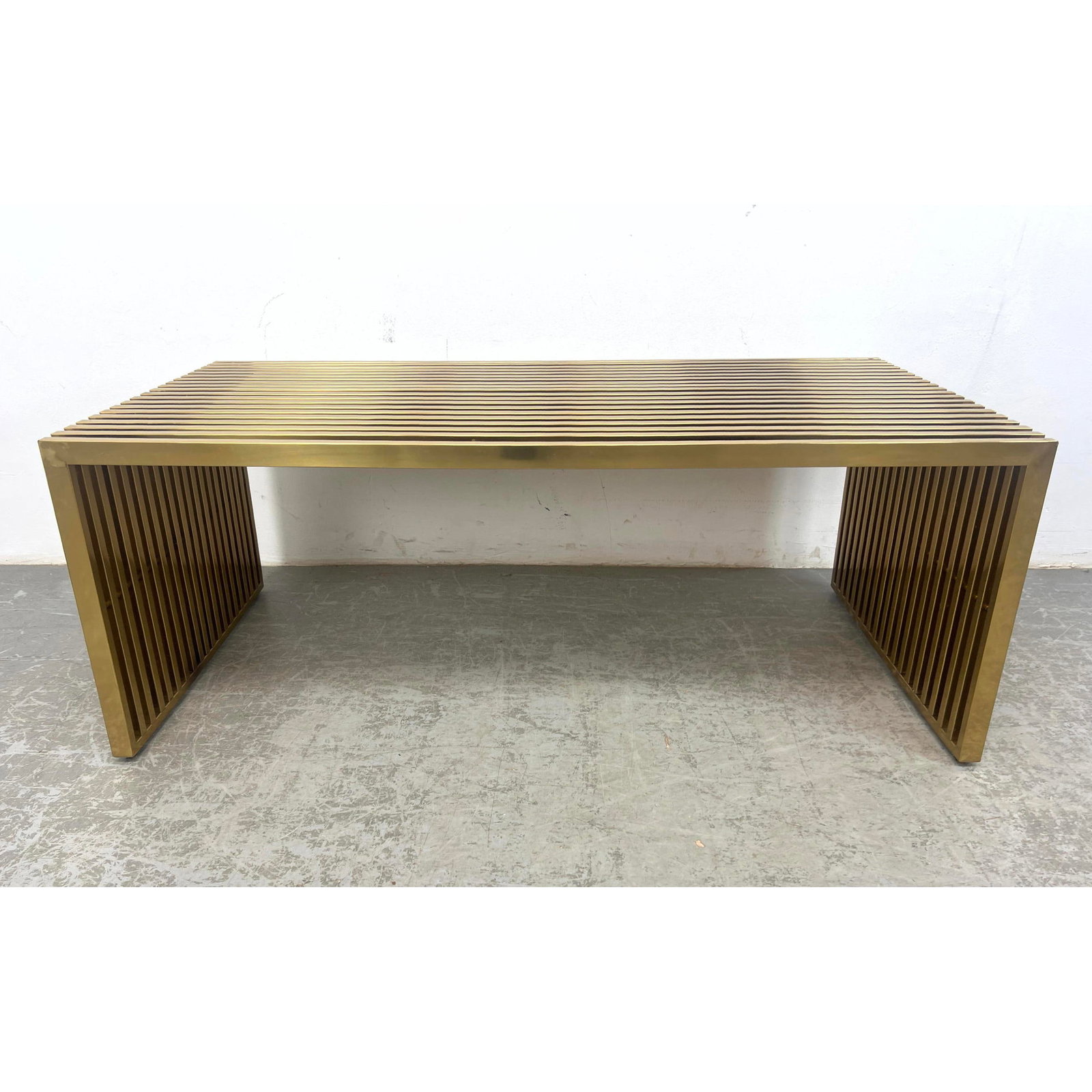 Brass tone Metal Slat Bench coffee table. (1 of 10)