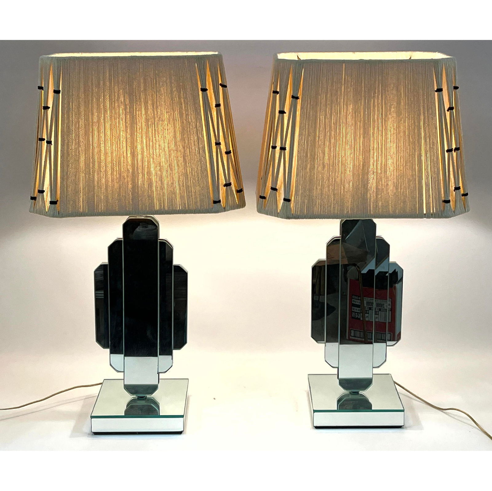 Pair Designer Mirror Table Lamps with Woven Rope Shades. Karl Springer style. (1 of 15)