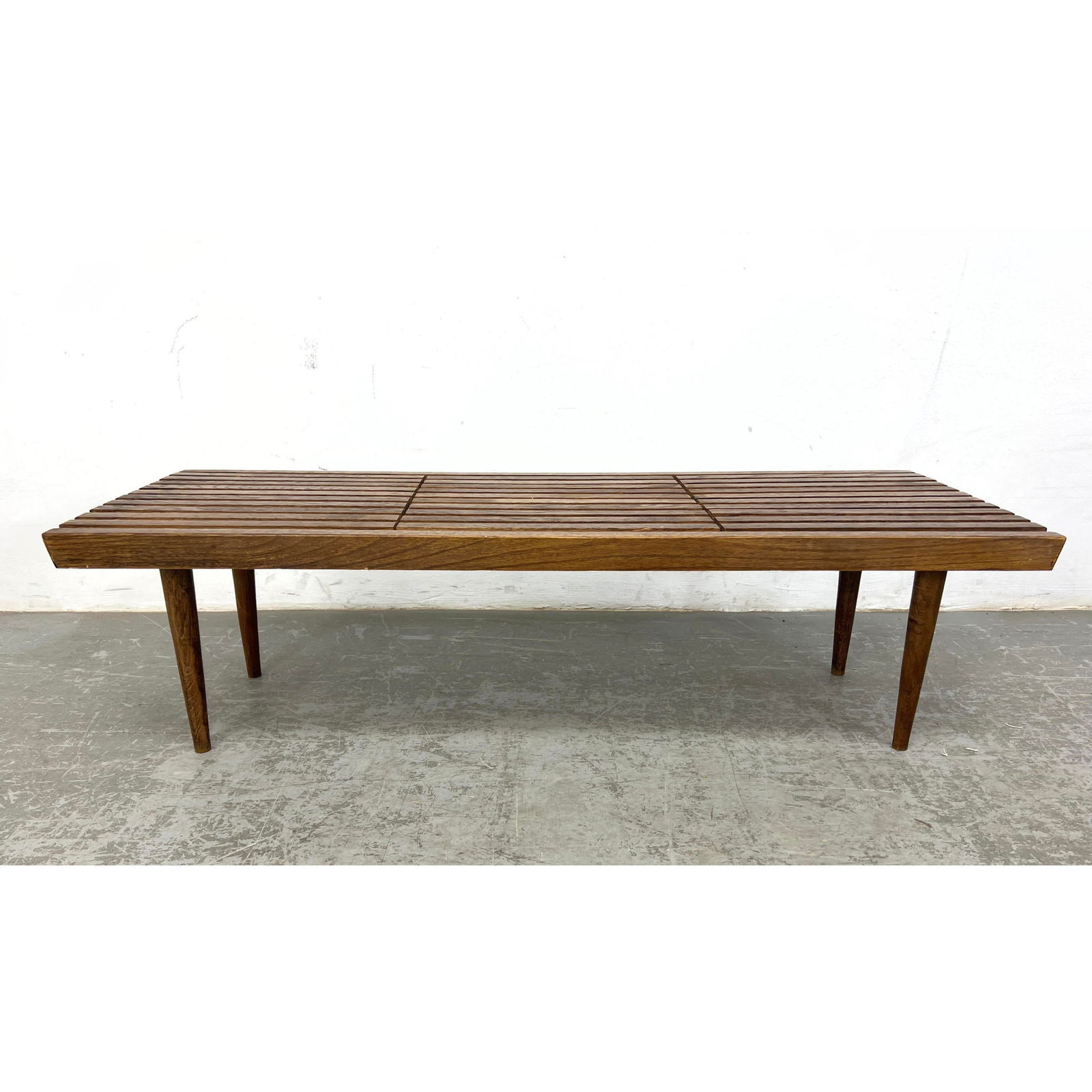 Modernist Mid Century Oak Slat bench. Unusual construction. Tapered Legs. (1 of 11)