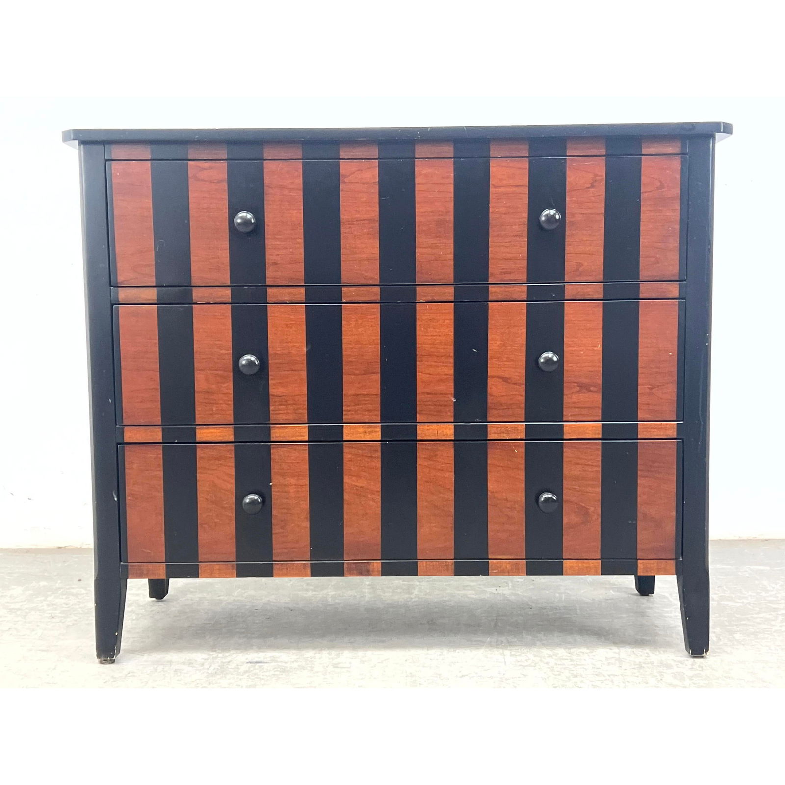 BASSETT Ebonized Striped Wood Bachelor's Chest. Three Drawer Dresser. Metal Tag. (1 of 10)