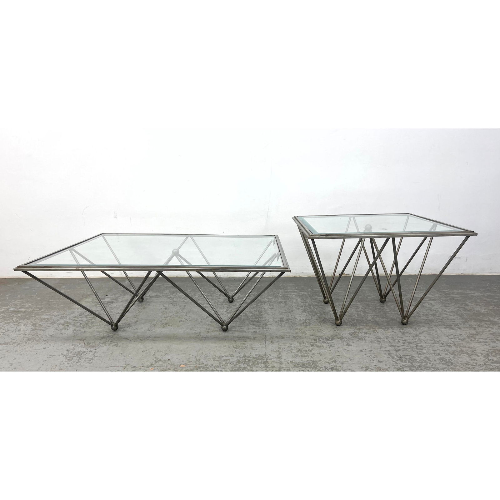 2pc Geometric Metal Base Modernist Tables. Inspired by Paolo Piva design. Glass Top Cocktail Coffee (1 of 18)