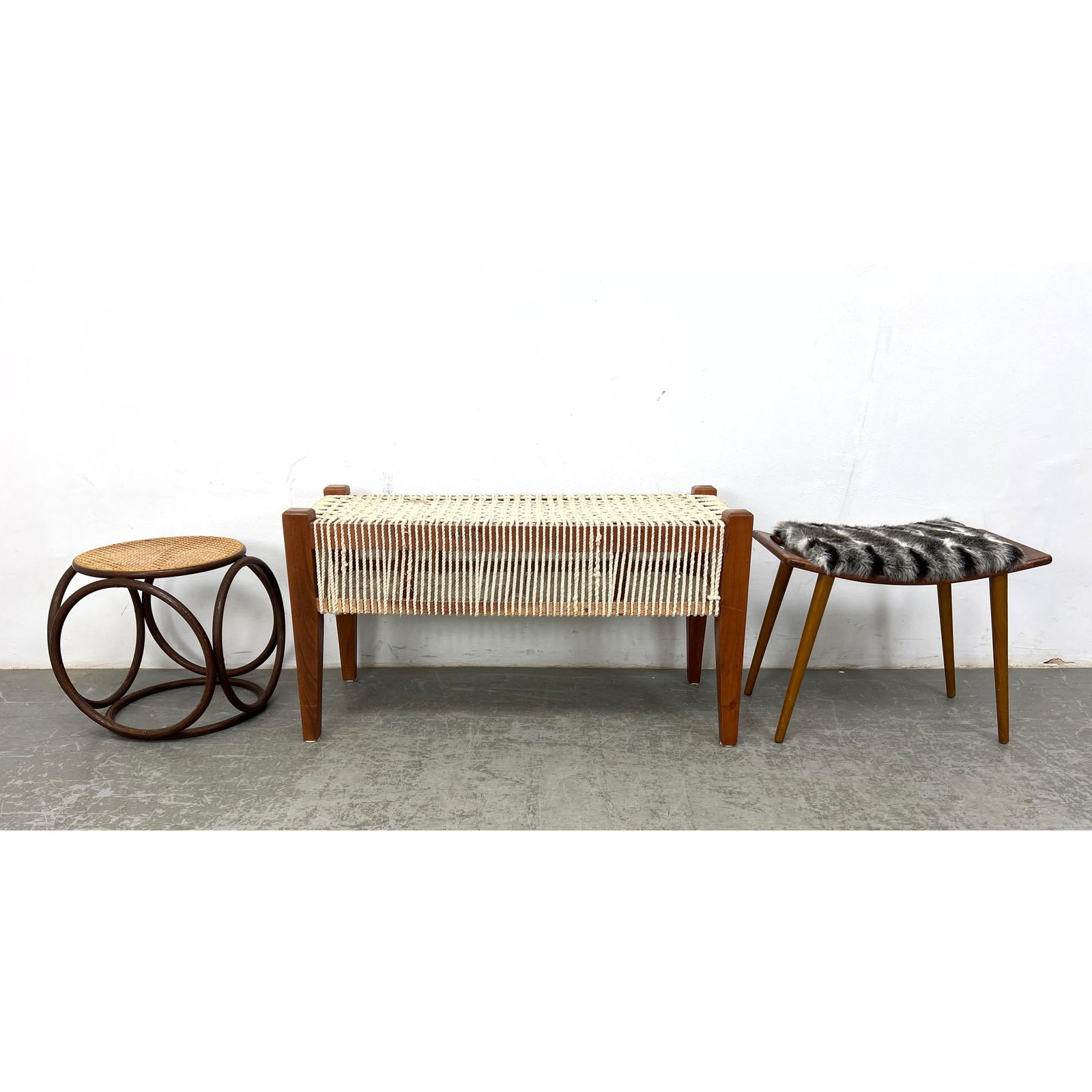 3pc MCM Stool Bench Furniture Lot. 1) Danish Teak Bench with Woven Rope Seat. 2) NORWAY Faux Fur Sea (1 of 19)