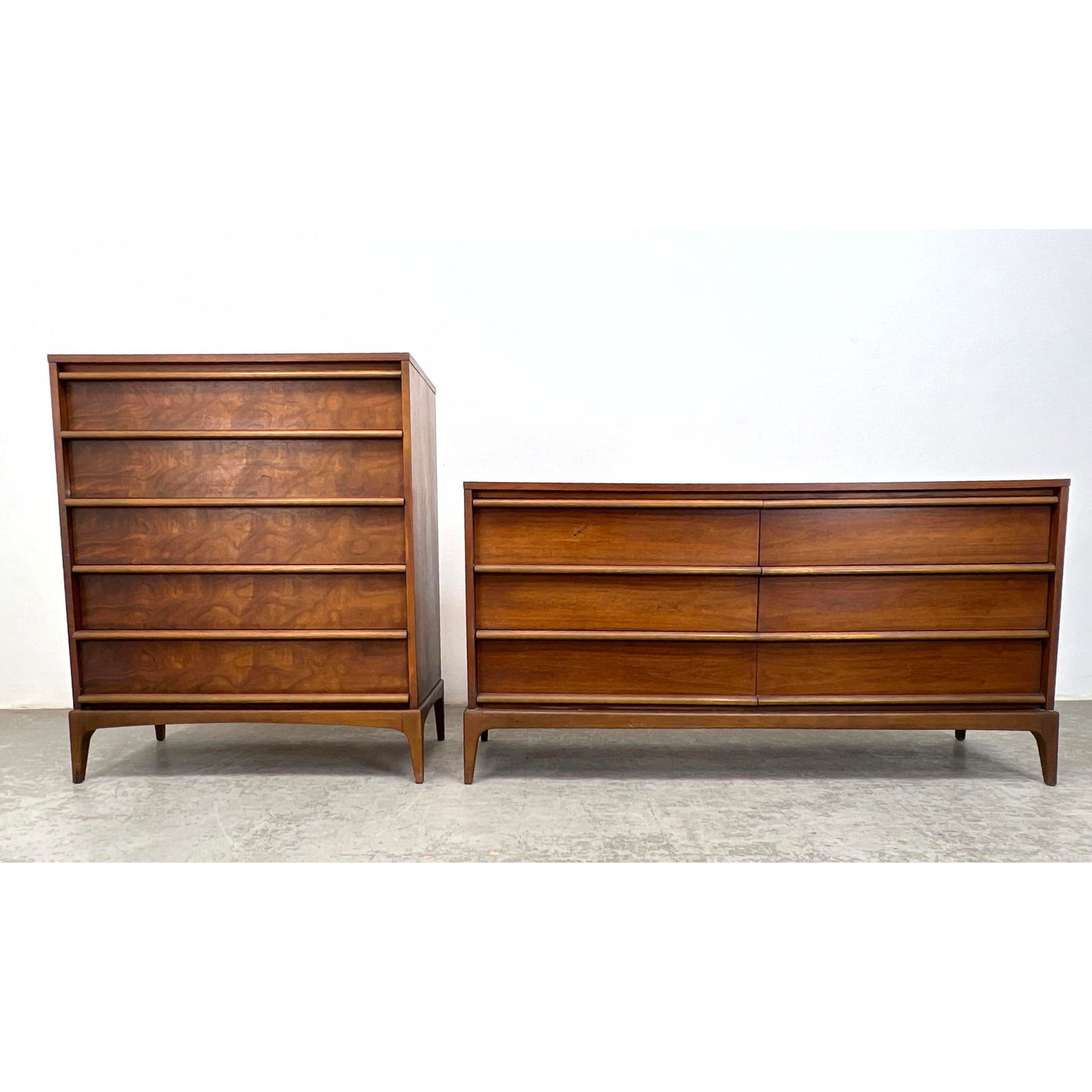 2pc LANE American Modern Walnut Dressers. High and Low Chest of Drawers. Horizontal wood pulls. Mark (1 of 19)