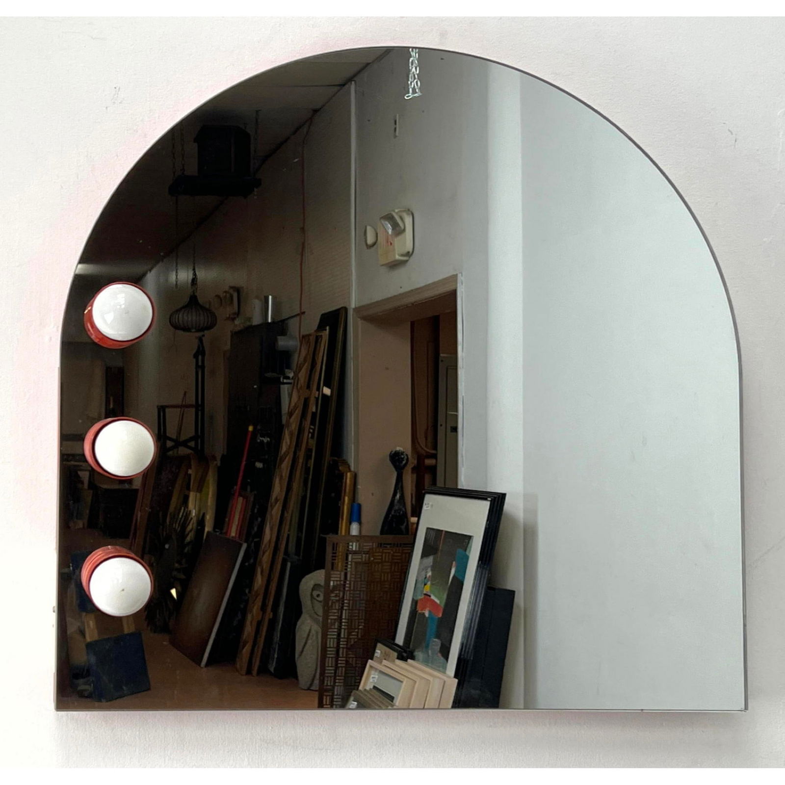 Retro Italian Arched Wall Mirror #2. Red Frame and 3 Light Bulb "Cups". Stylish. Fun. Playful. Not m (1 of 9)