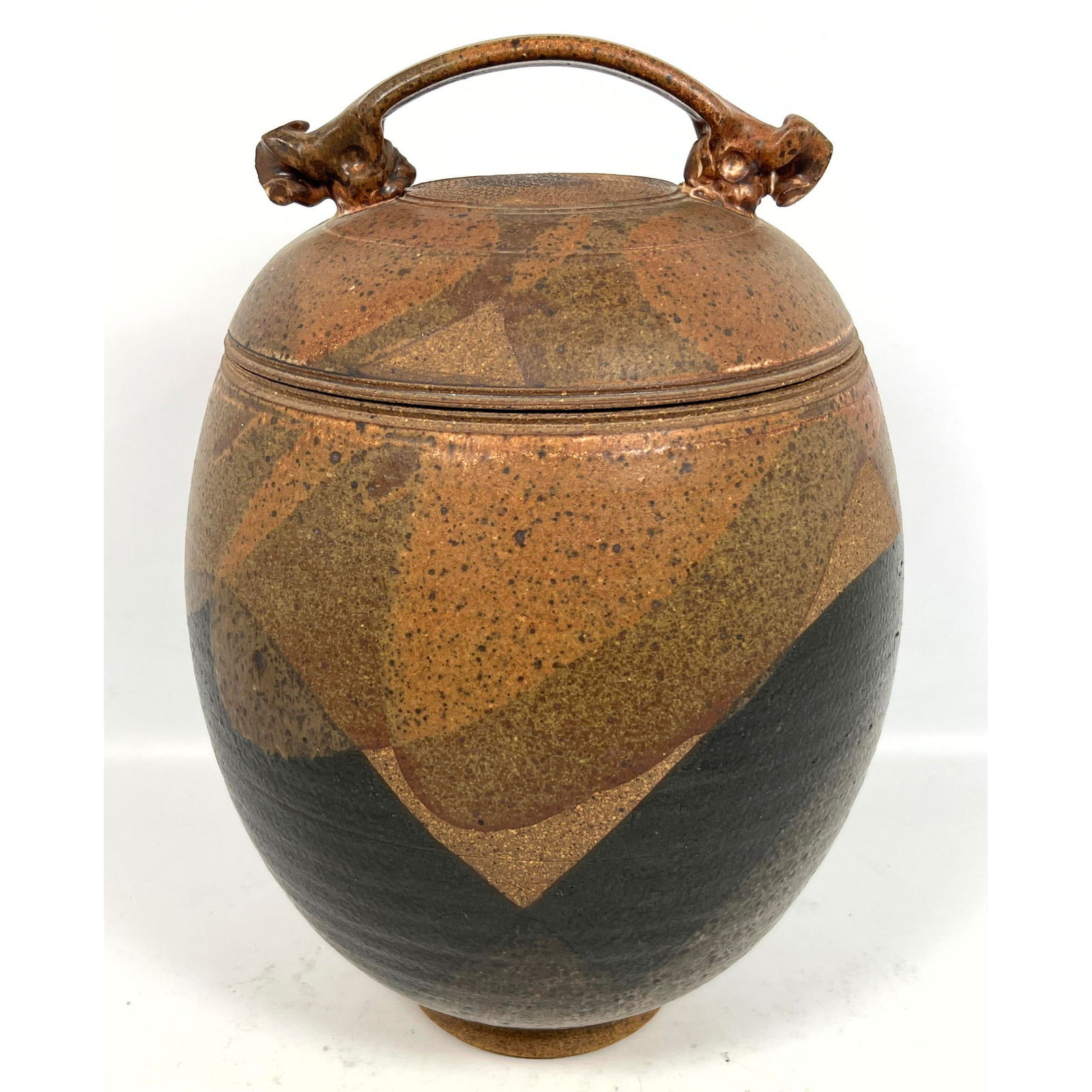 Large Studio Pottery Glazed Earthenware Covered Jar Vessel, signed (1 of 11)