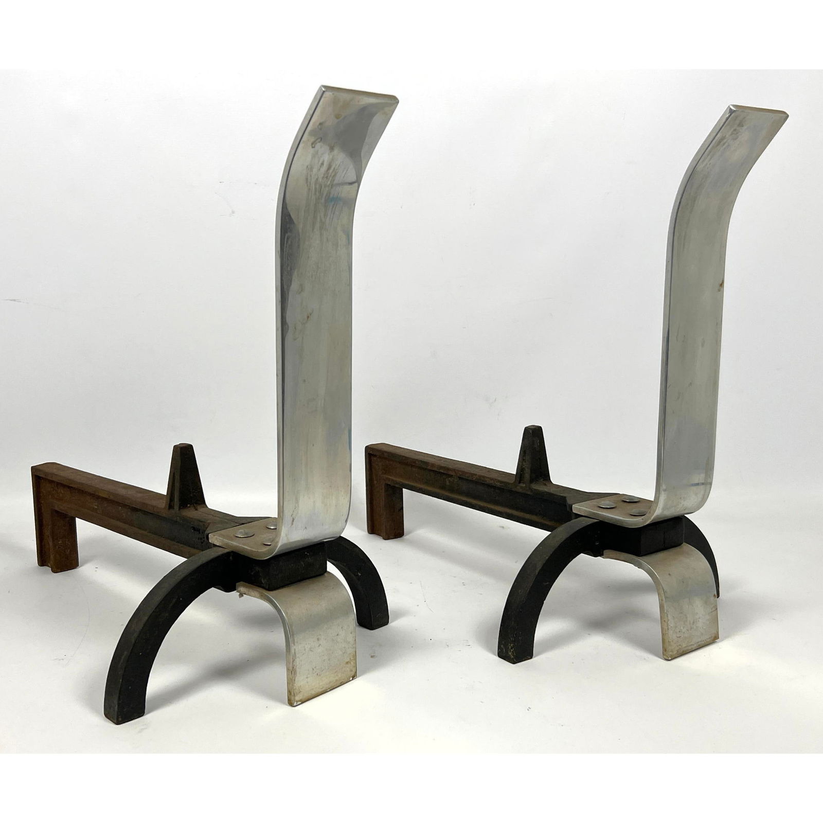 Vintage Art Deco Chrome Andirons Fire Dogs.: Vintage Art Deco Chrome Andirons Fire Dogs. Dimensions: Height: 16 inches, Width: 10 inches, Depth: 16.5 inches. --- US Packing and Shipping charge: In house shipping available. Will be calculated onc