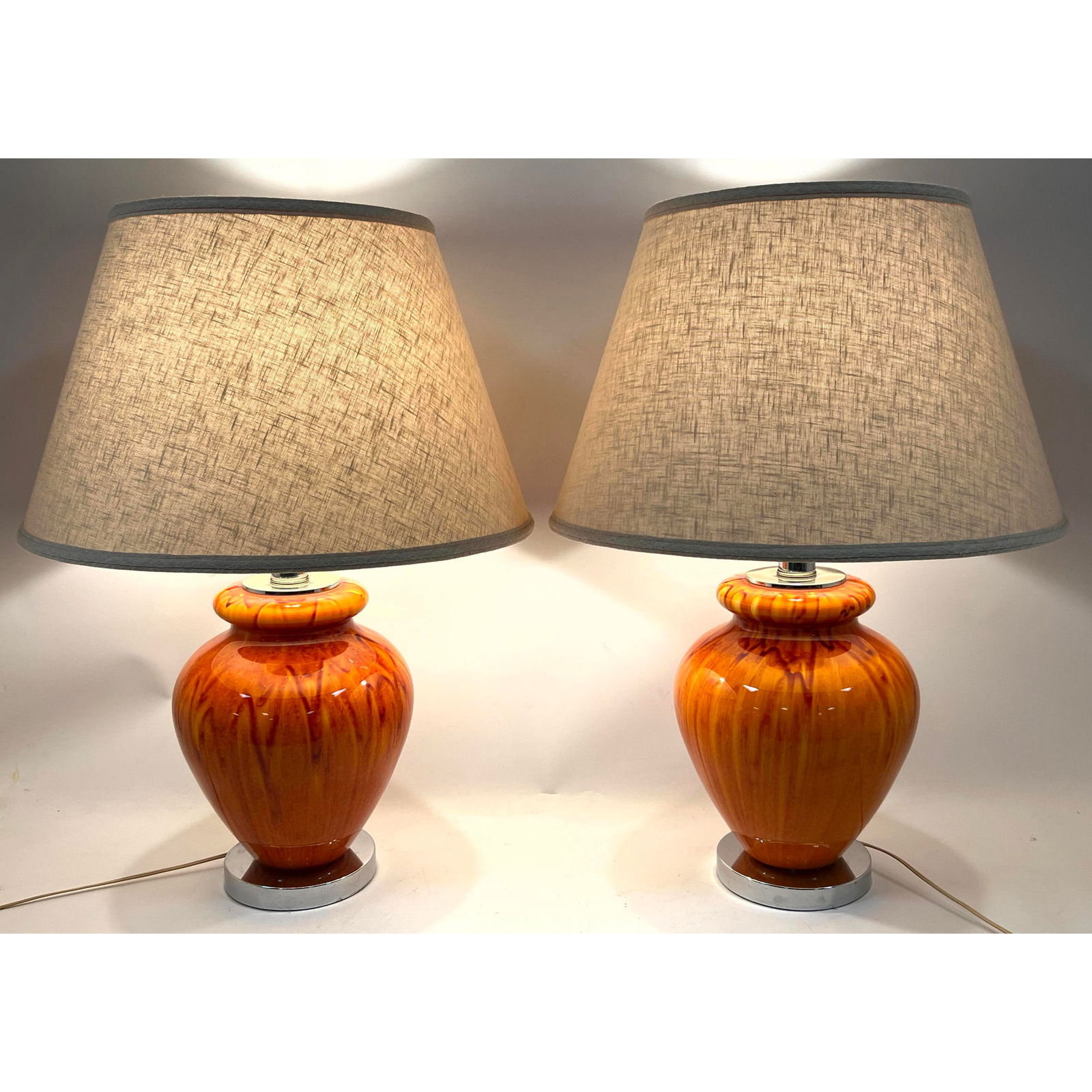 Pr Modernist Orange Red Drip Glaze Pottery Table Lamps. Chrome trim and Base. (1 of 15)