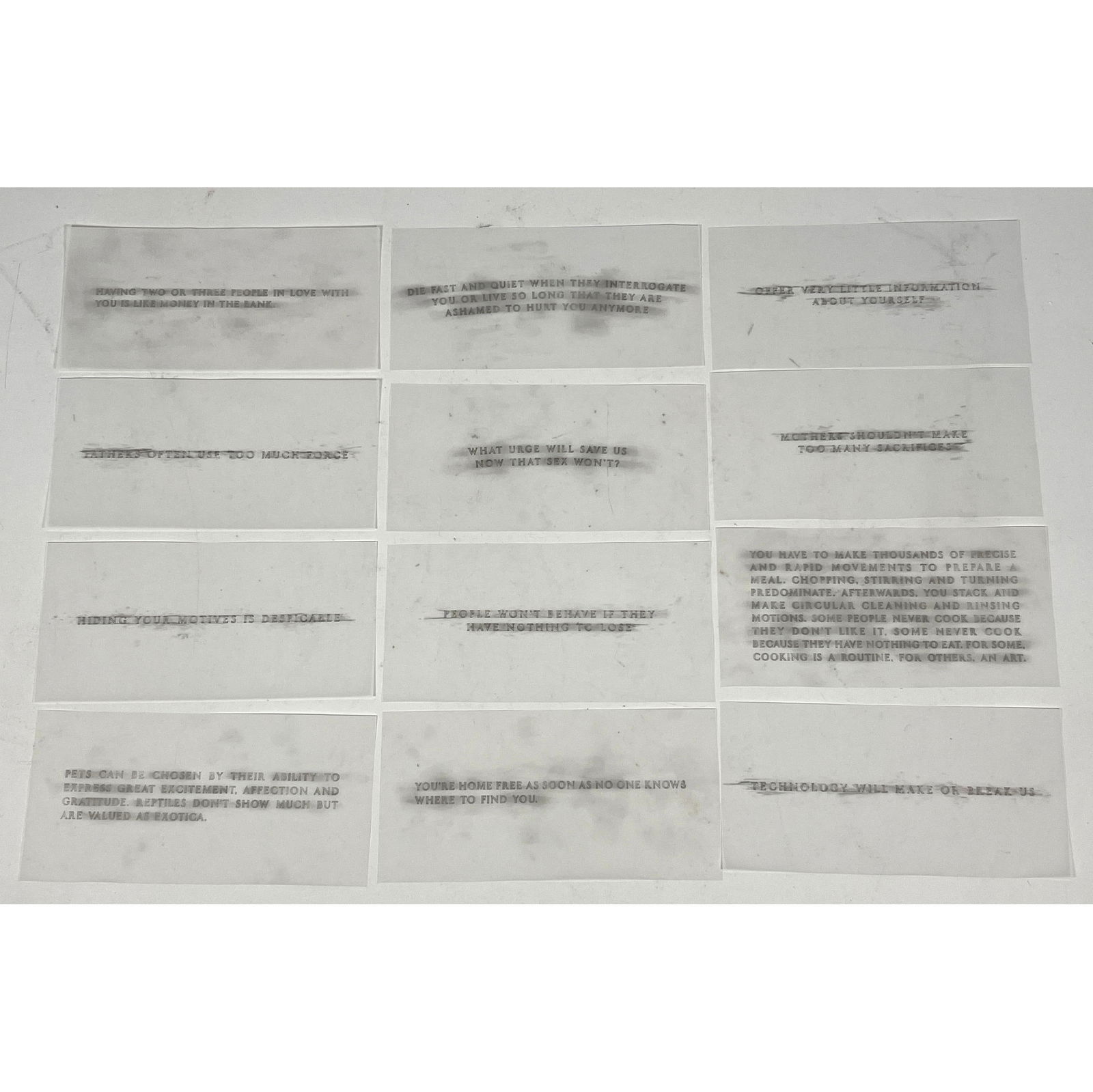 Set 12 Jenny Holzer vellum truisms: Set 12 Jenny Holzer vellum truisms Dimensions: Height: 5 inches, Width: 9 inches. --- US Packing and Shipping charge: $20 Plus rquired insurance at a rate of $2 per hundred. - We offer curbside delive
