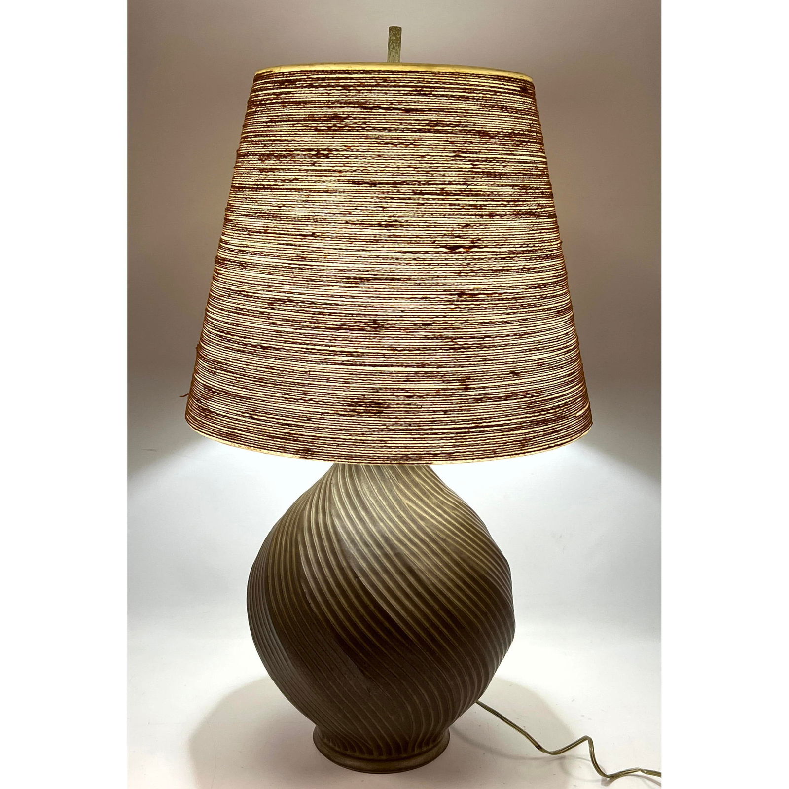 Glazed Pottery Modernist Table Lamp. Incised Striated Swirled Design. Fiber Wrapped Shade (1 of 16)